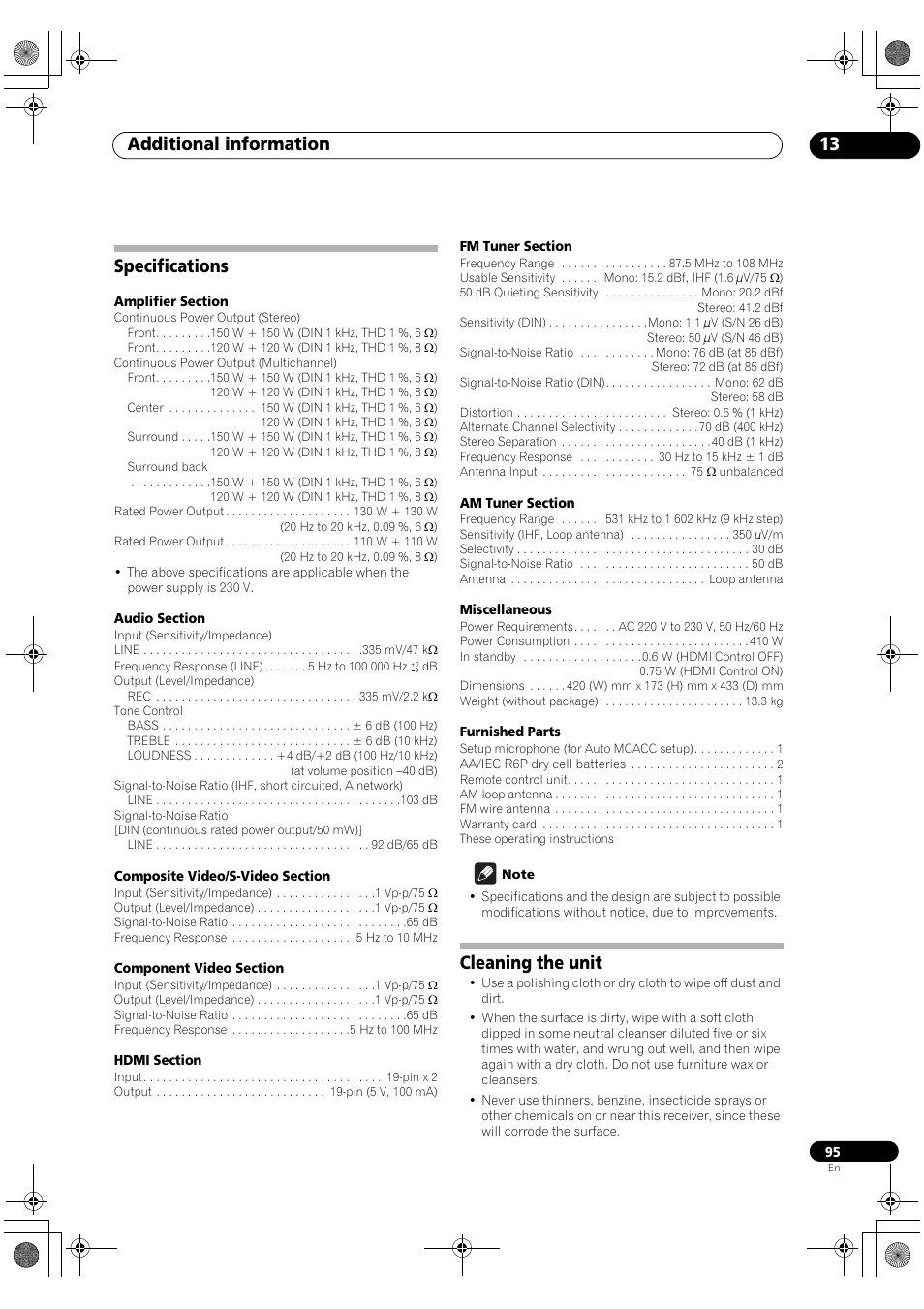 Specifications cleaning the unit, Additional information 13, Specifications | Cleaning the unit | Pioneer VSX-1018AH-S User Manual | Page 95 / 96