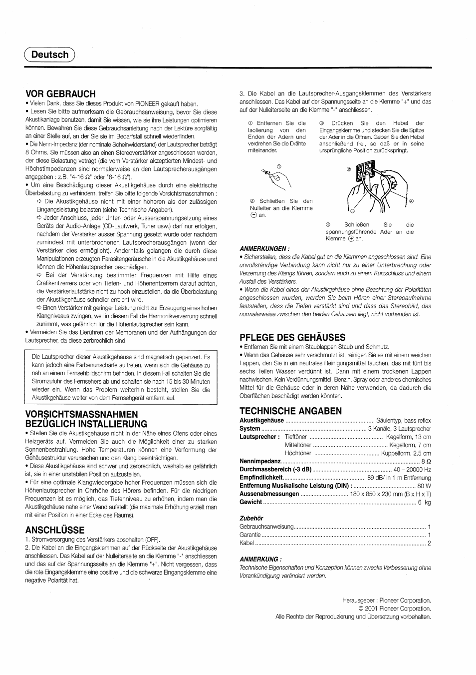 Deutsch'), Vor gebrauch, Vorsichtsmassnahmen bezüglich installierung | Anschlüsse, Pflege des gehäuses, Technische angaben, Deutsch | Pioneer S-H220V User Manual | Page 2 / 8