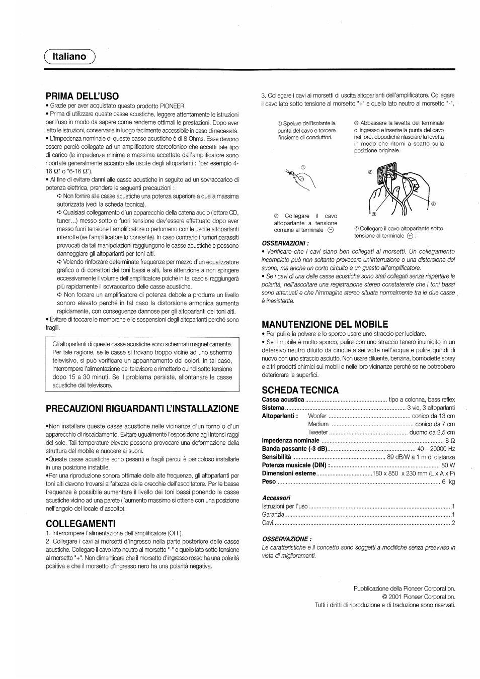 Italiano, Prima dell’uso, Precauzioni riguardanti l’installazione | Collegamenti, Manutenzione del mobile, Scheda tecnica, Italiano } prima dell’uso | Pioneer S-H220V User Manual | Page 3 / 8