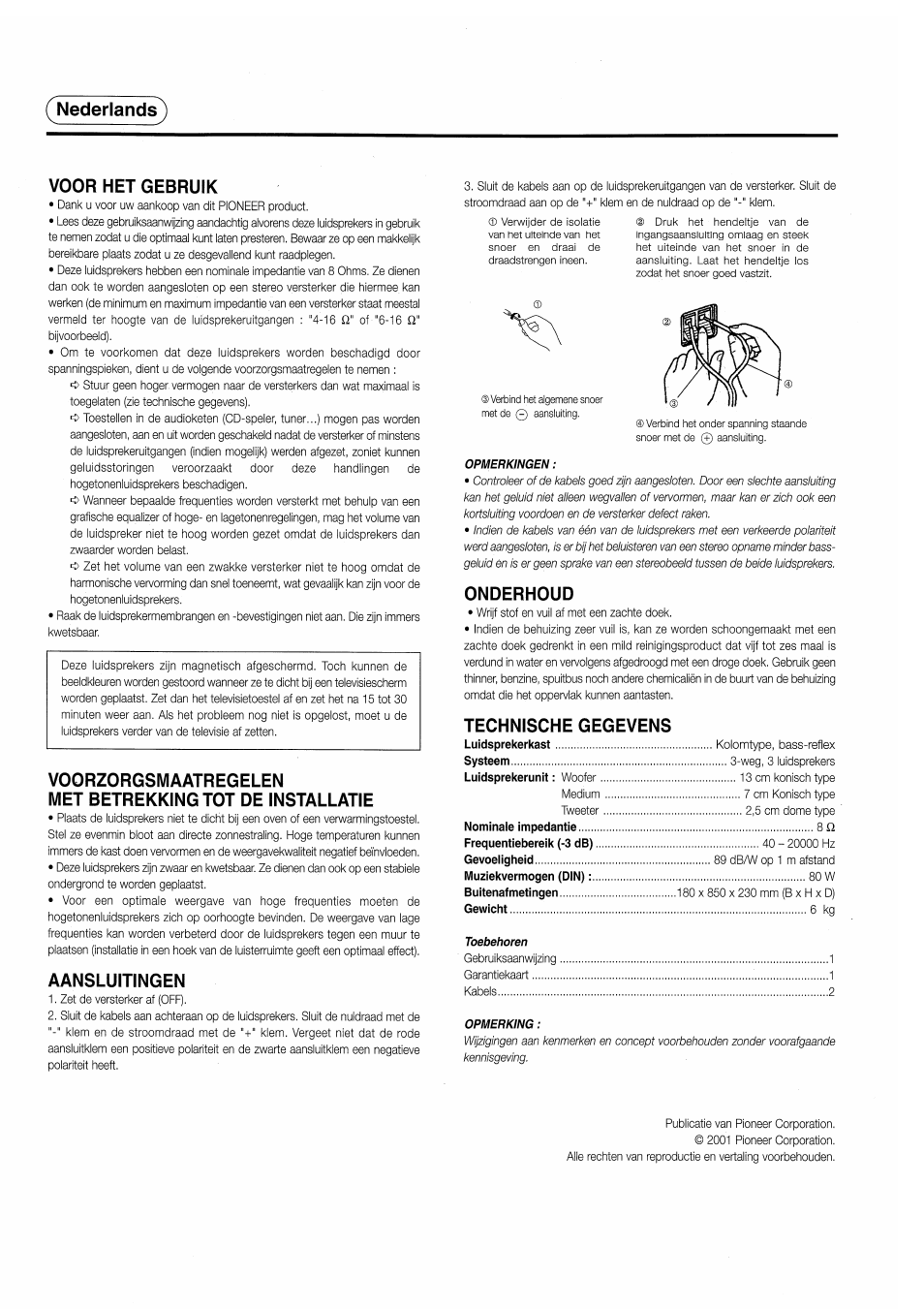 Nederlands^ voor нет gebruik, Aansluitingen, Onderhoud | Technische gegevens | Pioneer S-H220V User Manual | Page 4 / 8