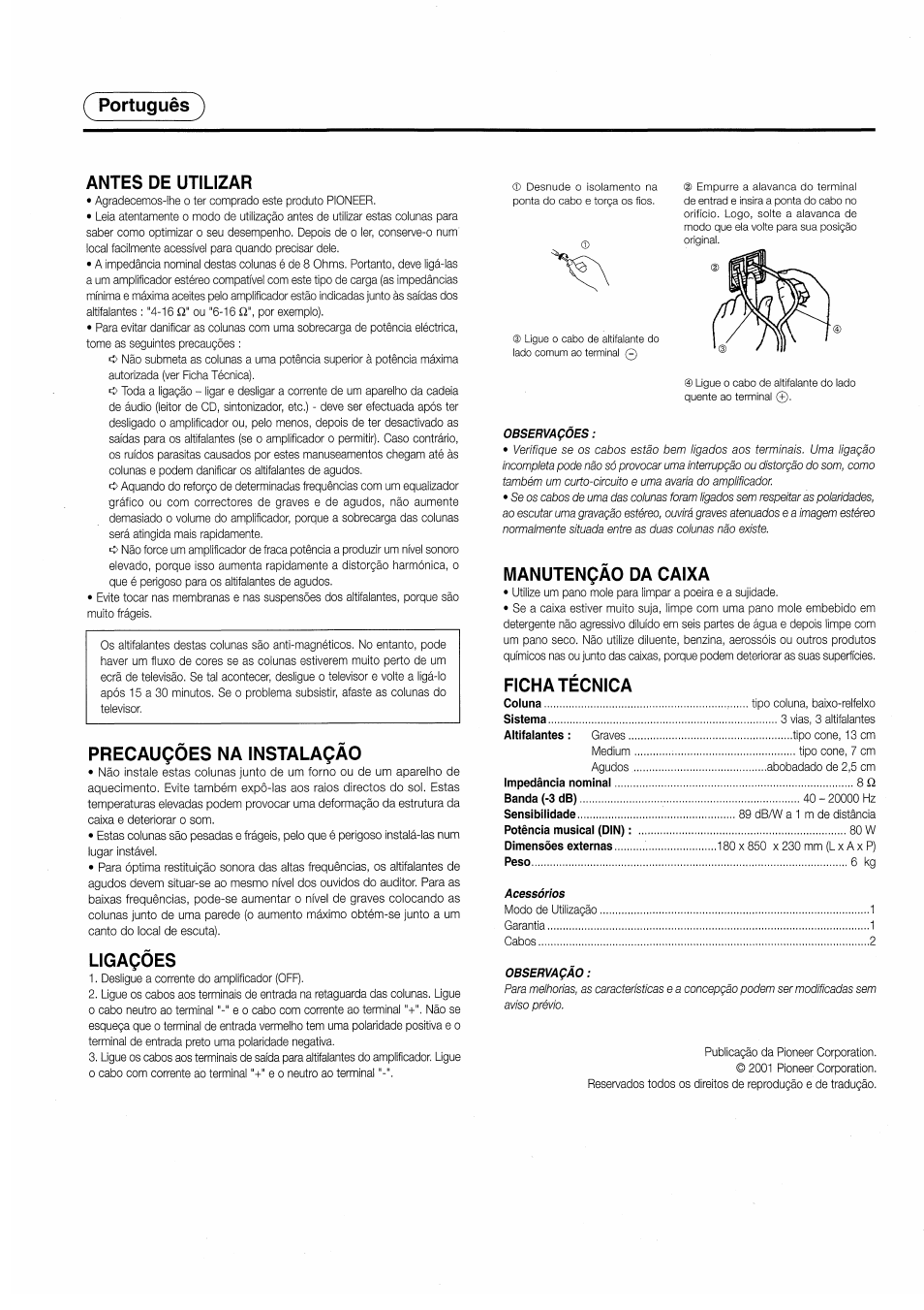 Ç portugués, Antes de utilizar, Precauçôes na instalaçao | Ligaçôes, Manutençao da caixa, Ficha técnica, Portugués ^ antes de utilizar | Pioneer S-H220V User Manual | Page 7 / 8