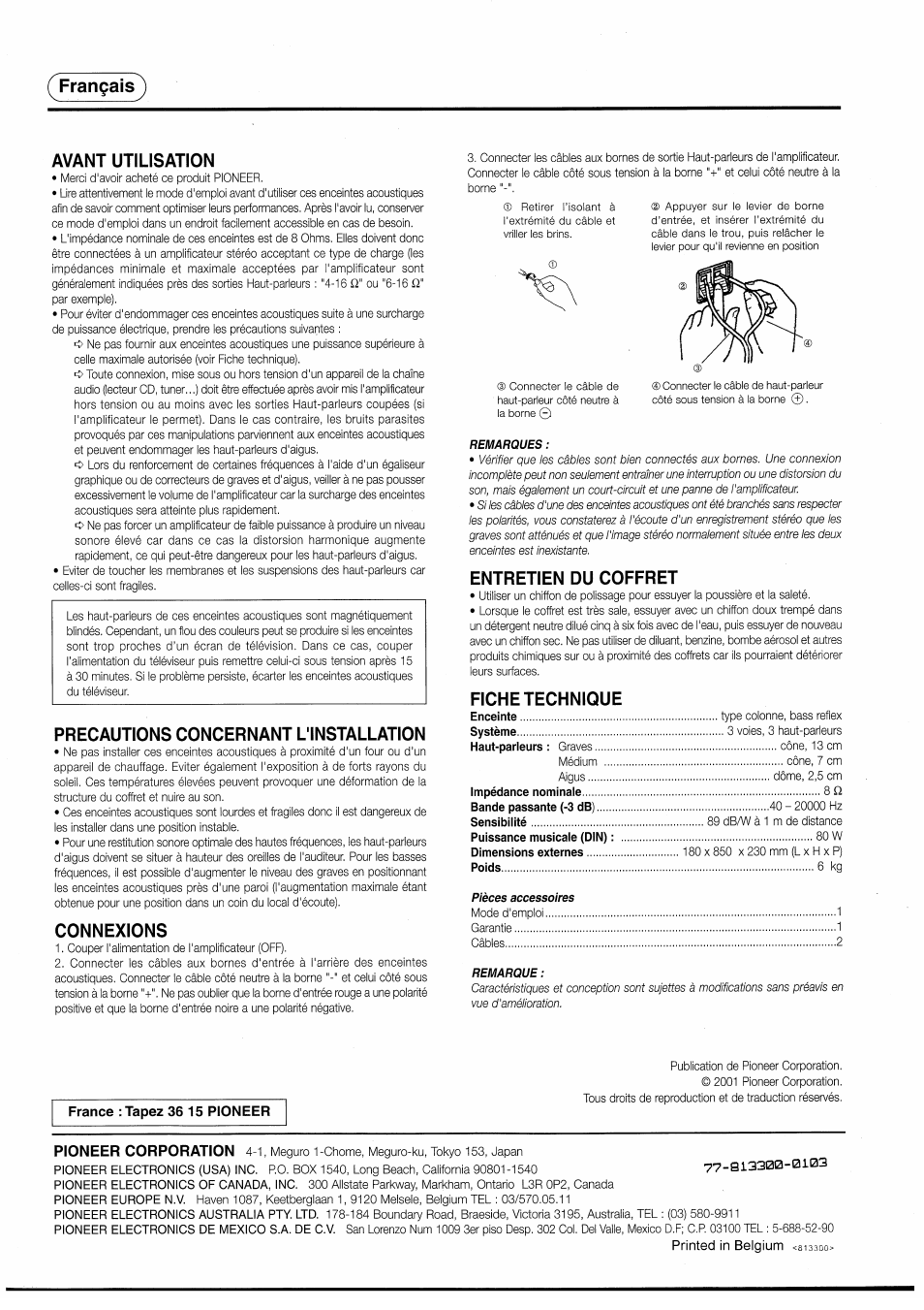 Français, Avant utilisation, Precautions concernant l'installation | Connexions, Entretien du coffret, Fiche technique, Français^ avant utilisation, Pioneer corporation | Pioneer S-H220V User Manual | Page 8 / 8