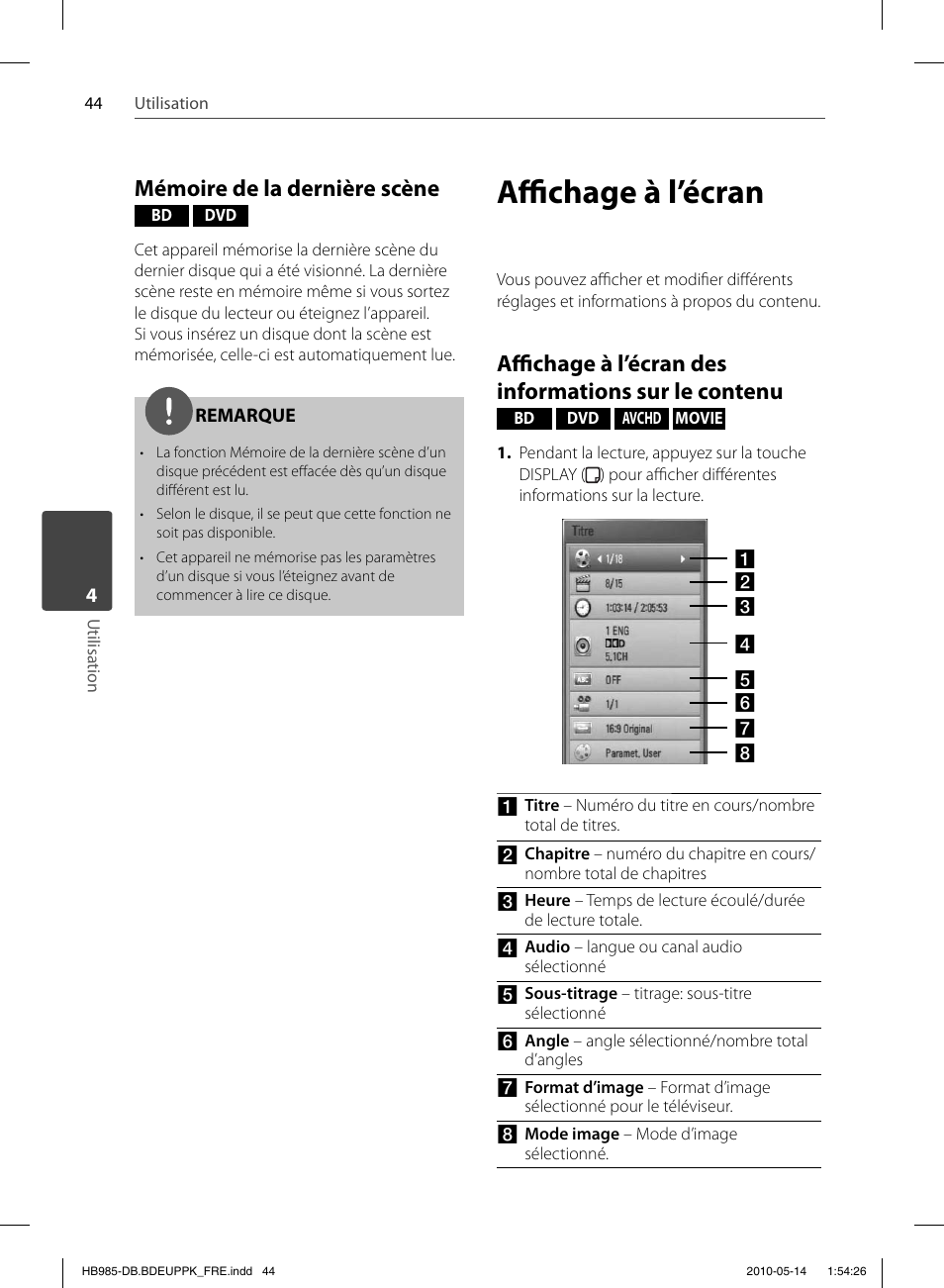 Affi chage à l’écran, Mémoire de la dernière scène | Pioneer BCS-303 User Manual | Page 118 / 448