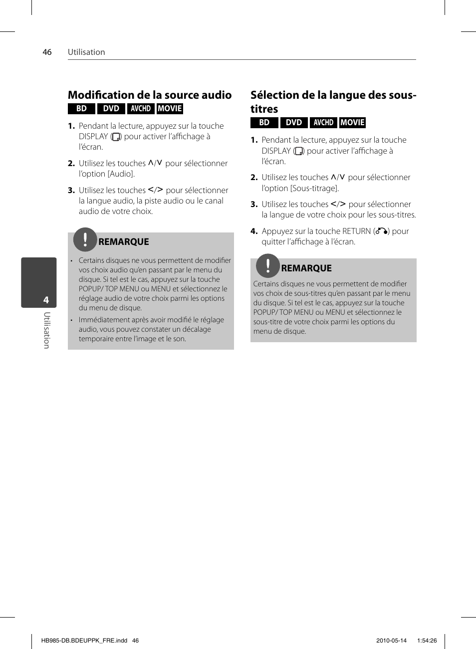 Modifi cation de la source audio, Sélection de la langue des sous- titres | Pioneer BCS-303 User Manual | Page 120 / 448