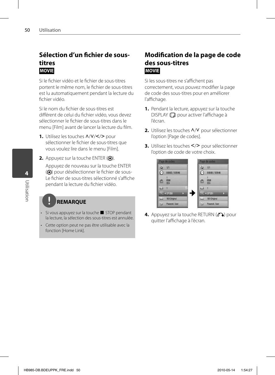 Sélection d’un fi chier de sous- titres, Modifi cation de la page de code des sous-titres | Pioneer BCS-303 User Manual | Page 124 / 448