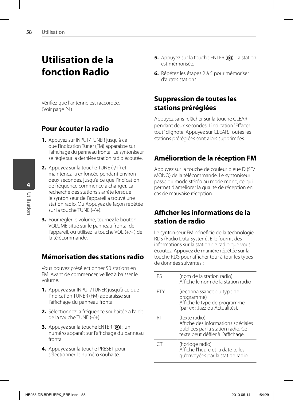Utilisation de la fonction radio, Pour écouter la radio, Mémorisation des stations radio | Suppression de toutes les stations préréglées, Amélioration de la réception fm, Affi cher les informations de la station de radio | Pioneer BCS-303 User Manual | Page 132 / 448