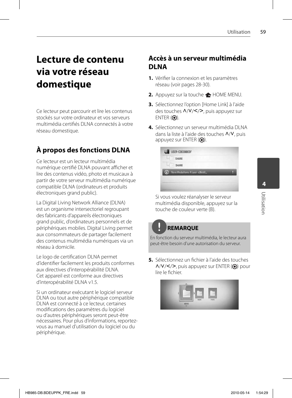 Lecture de contenu via votre réseau domestique, À propos des fonctions dlna, Accès à un serveur multimédia dlna | Pioneer BCS-303 User Manual | Page 133 / 448