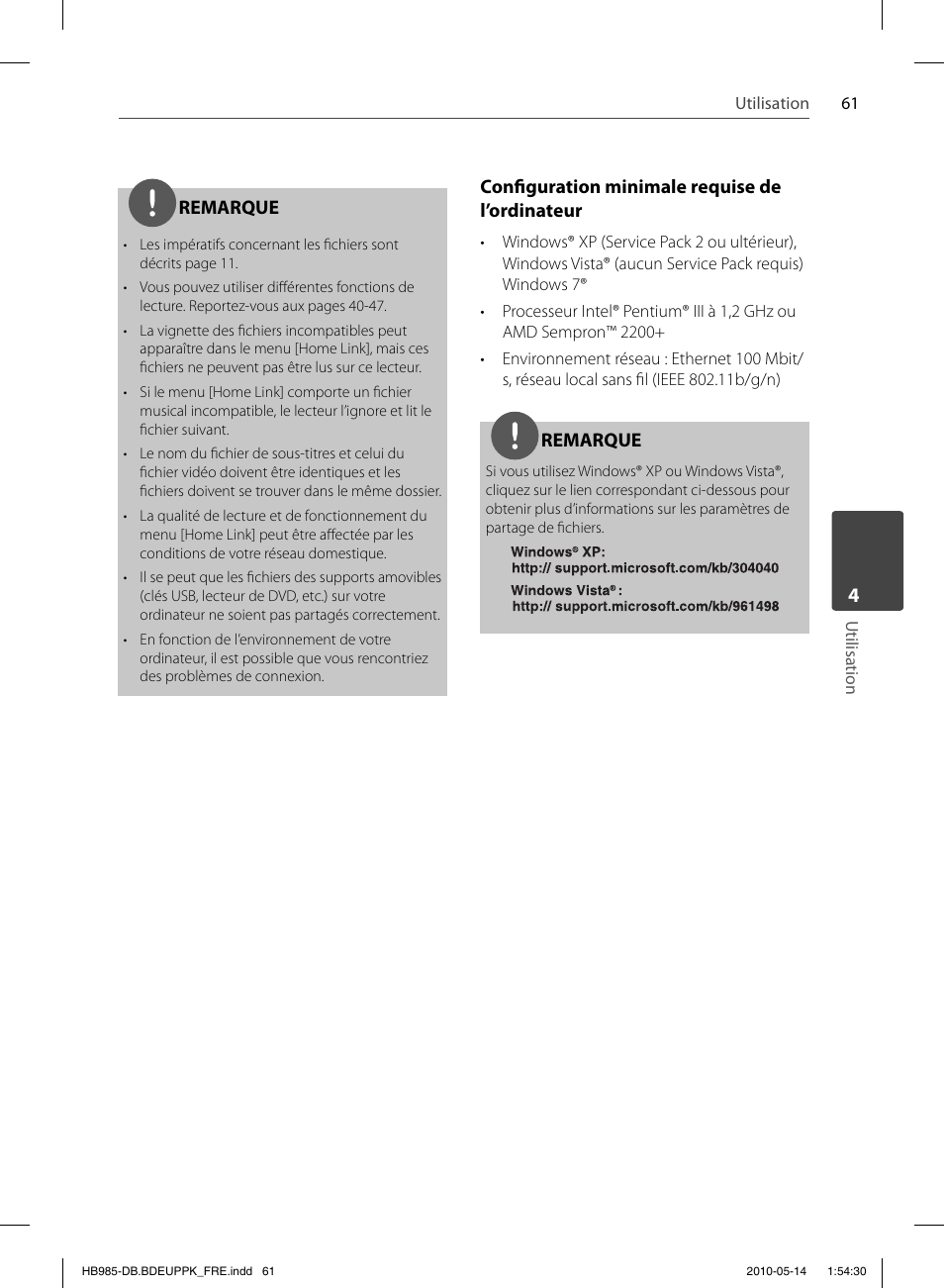 Remarque, Confi guration minimale requise de l’ordinateur | Pioneer BCS-303 User Manual | Page 135 / 448