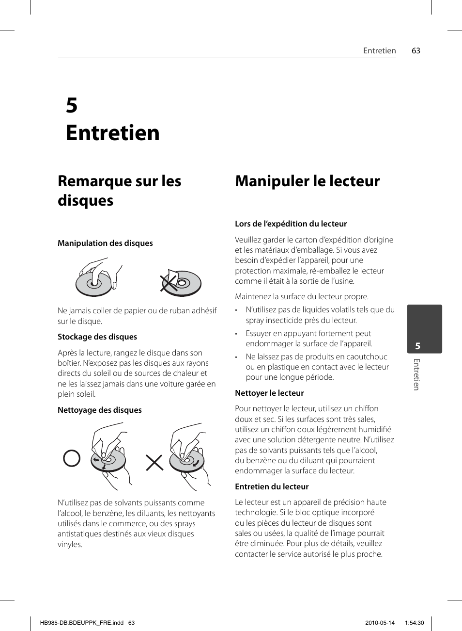 5 entretien, Remarque sur les disques, Manipuler le lecteur | Pioneer BCS-303 User Manual | Page 137 / 448