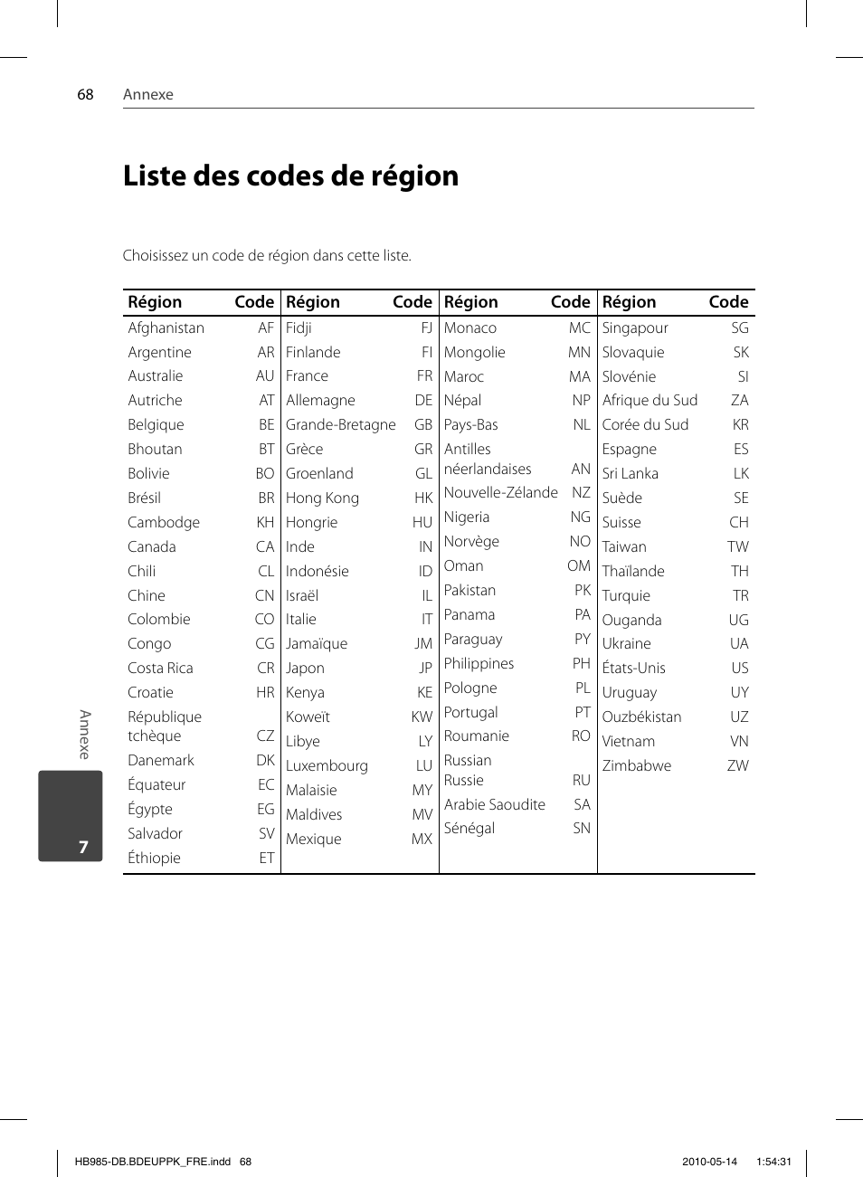 Liste des codes de région | Pioneer BCS-303 User Manual | Page 142 / 448