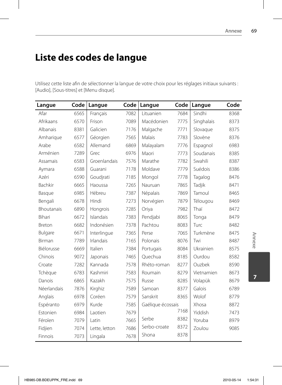 Liste des codes de langue | Pioneer BCS-303 User Manual | Page 143 / 448