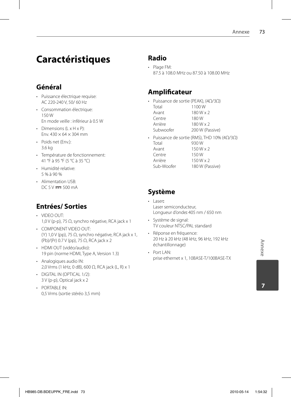 Caractéristiques, Général, Entrées/ sorties | Radio, Amplifi cateur, Système | Pioneer BCS-303 User Manual | Page 147 / 448