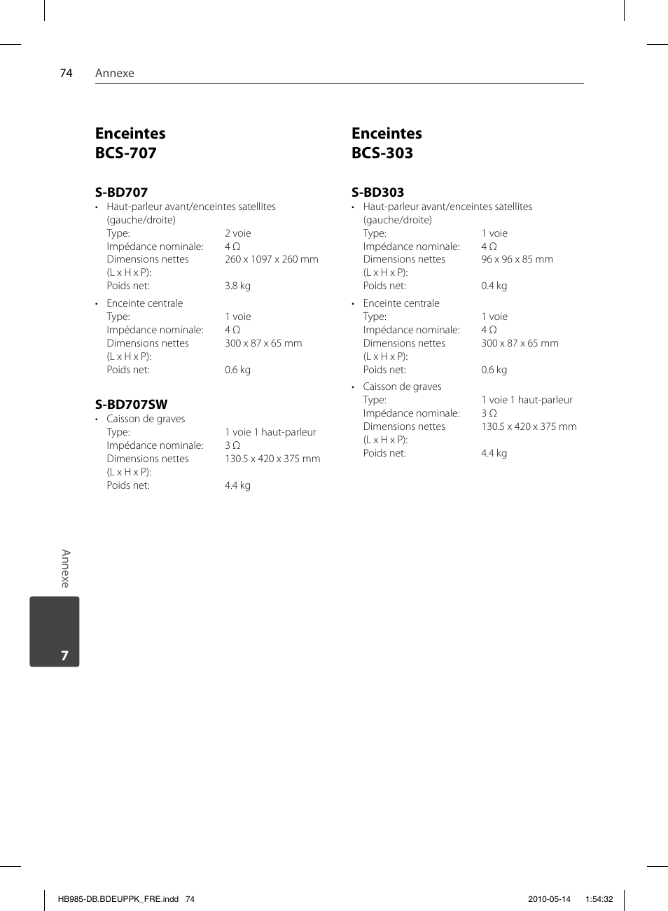 Enceintes bcs-707, Enceintes bcs-303, S-bd707 | S-bd707sw, S-bd303 | Pioneer BCS-303 User Manual | Page 148 / 448