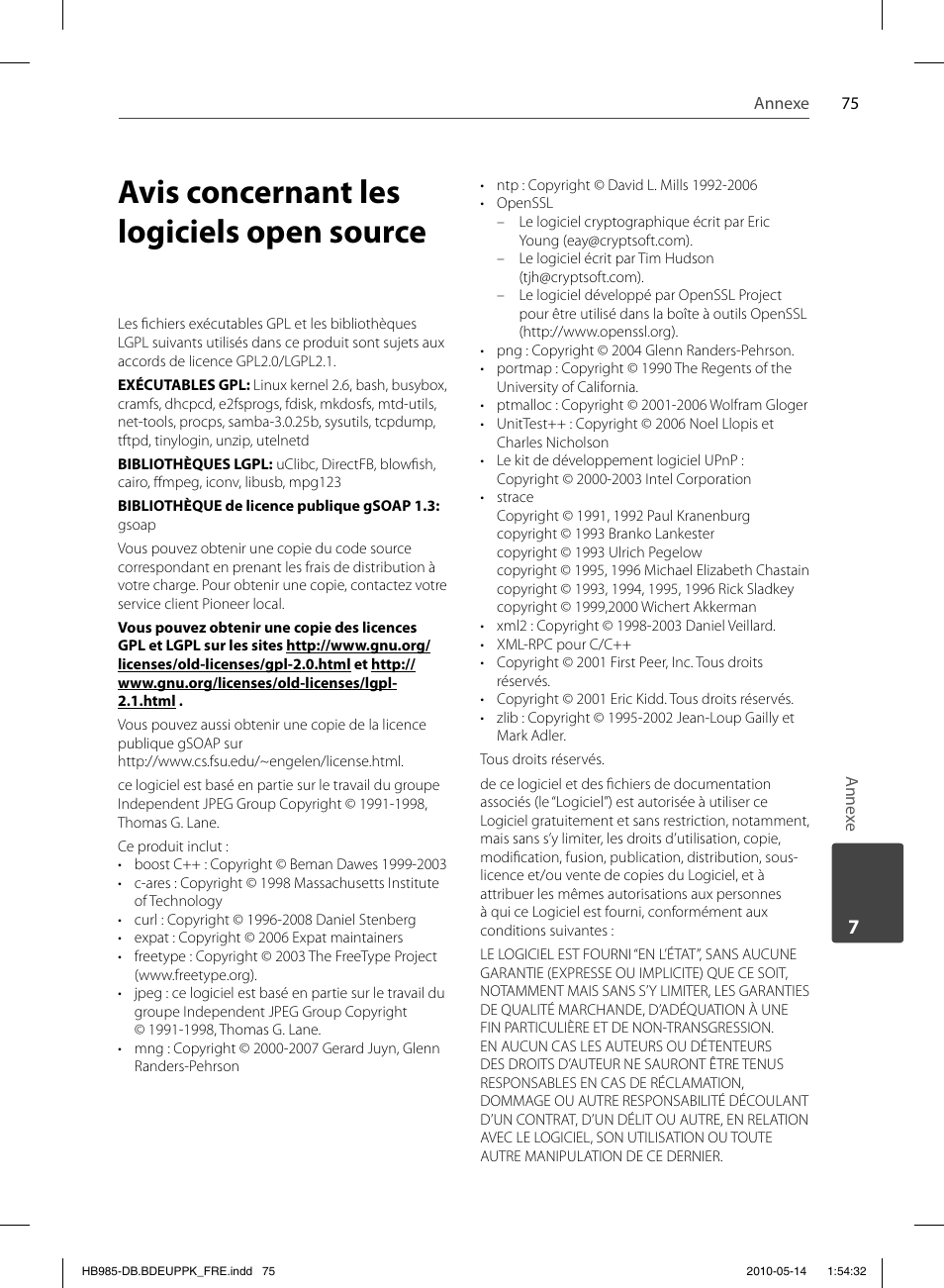 Avis concernant les logiciels open source | Pioneer BCS-303 User Manual | Page 149 / 448