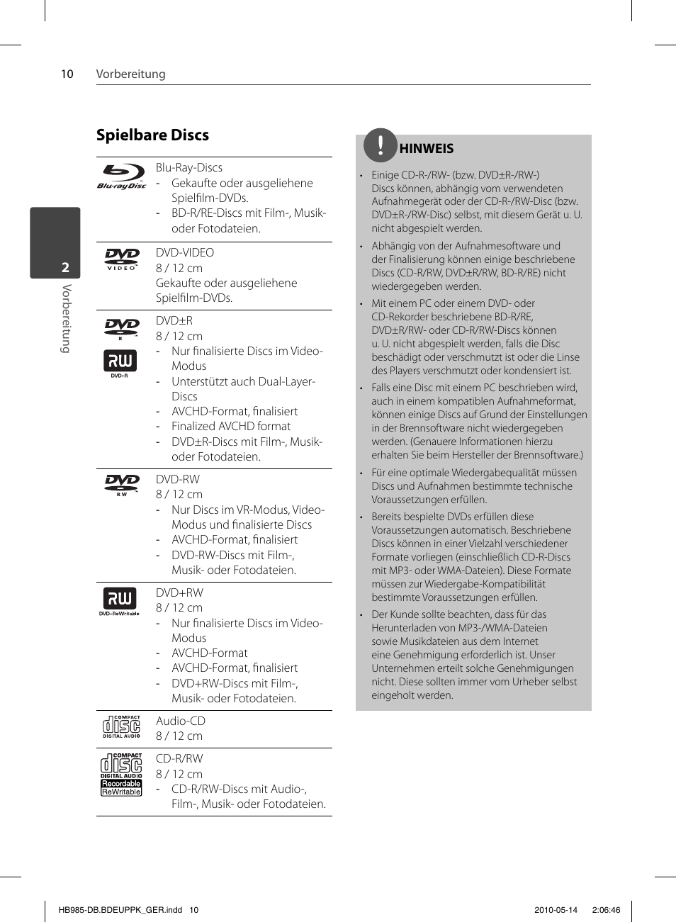 Spielbare discs | Pioneer BCS-303 User Manual | Page 158 / 448