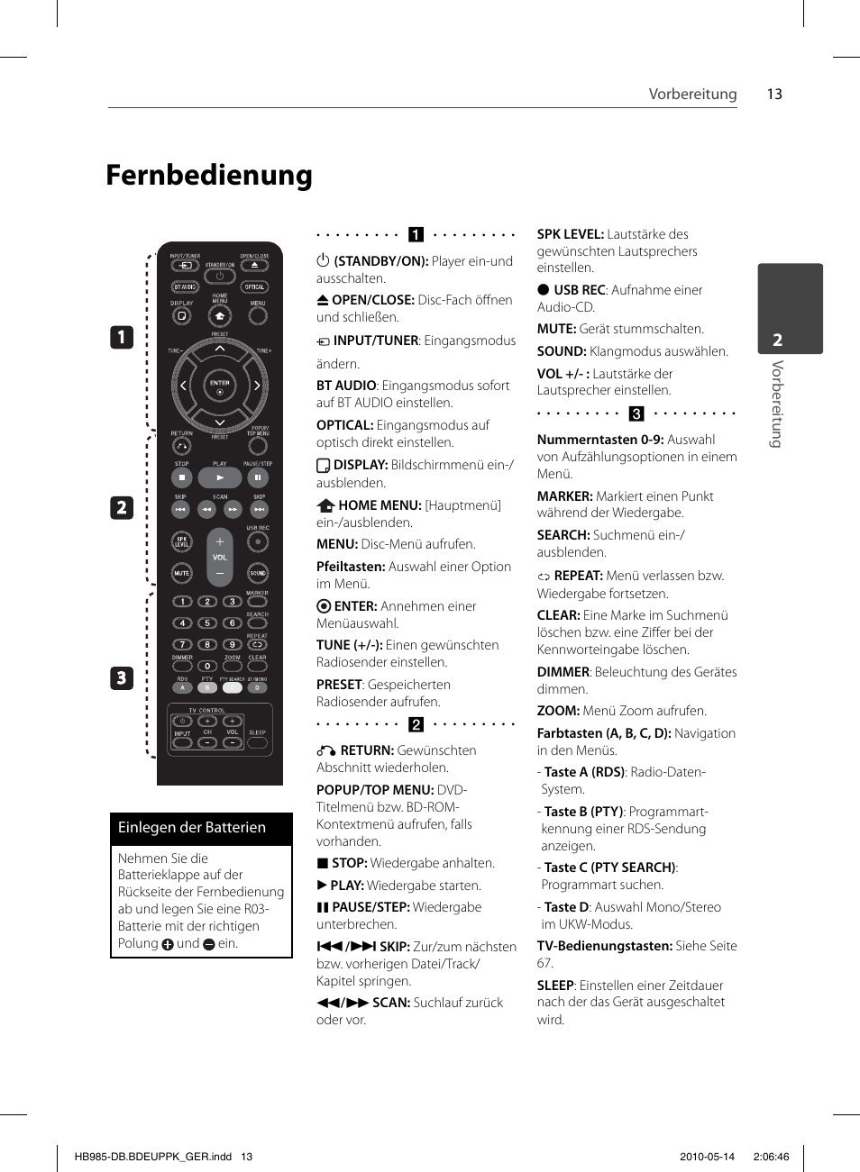 Fernbedienung | Pioneer BCS-303 User Manual | Page 161 / 448