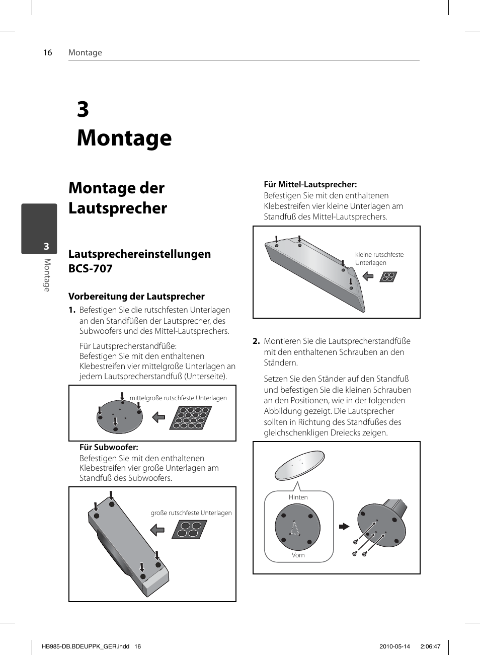 3 montage, Montage der lautsprecher, Lautsprechereinstellungen bcs-707 | Pioneer BCS-303 User Manual | Page 164 / 448