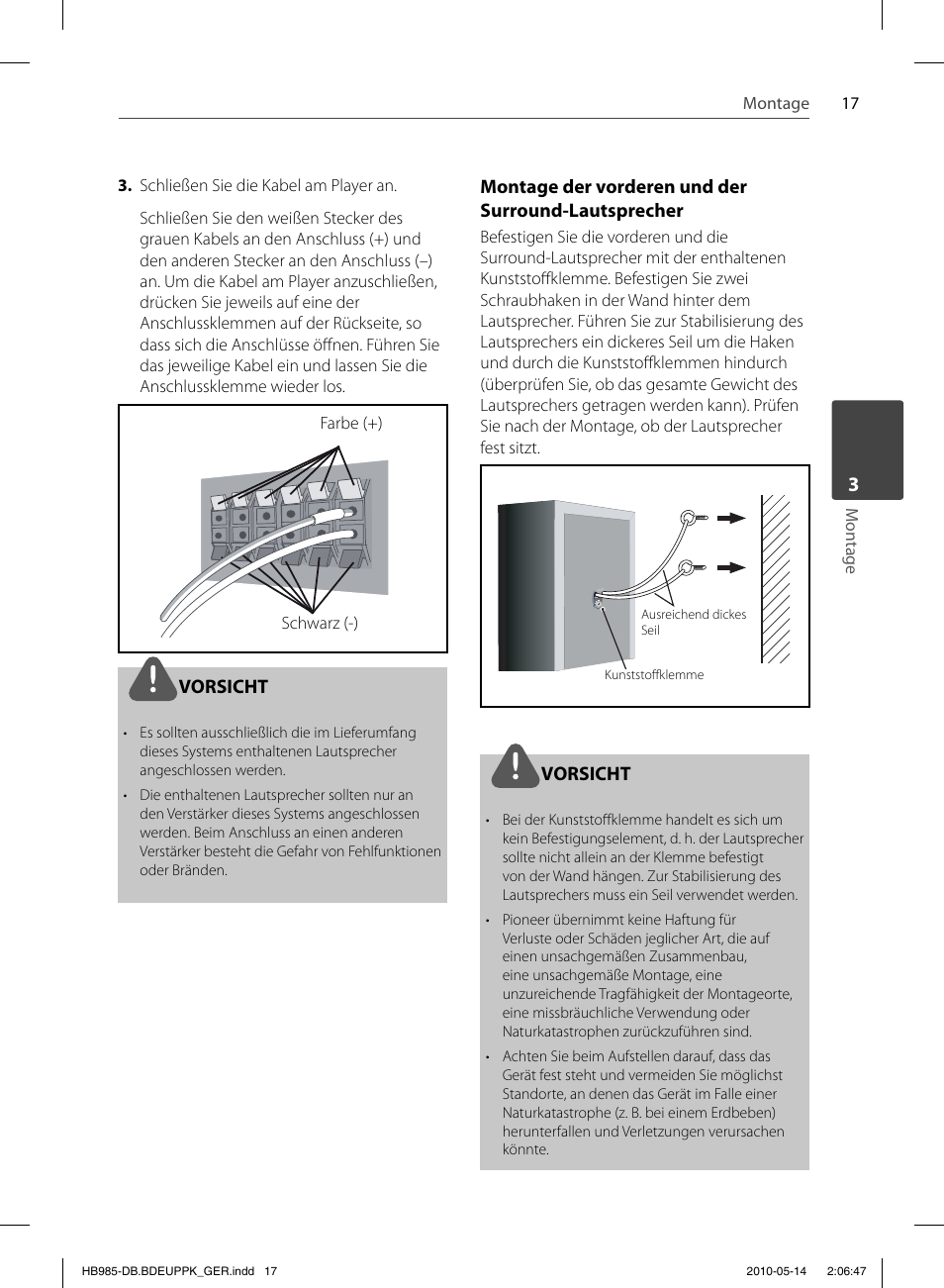 Vorsicht, Montage der vorderen und der surround-lautsprecher | Pioneer BCS-303 User Manual | Page 165 / 448