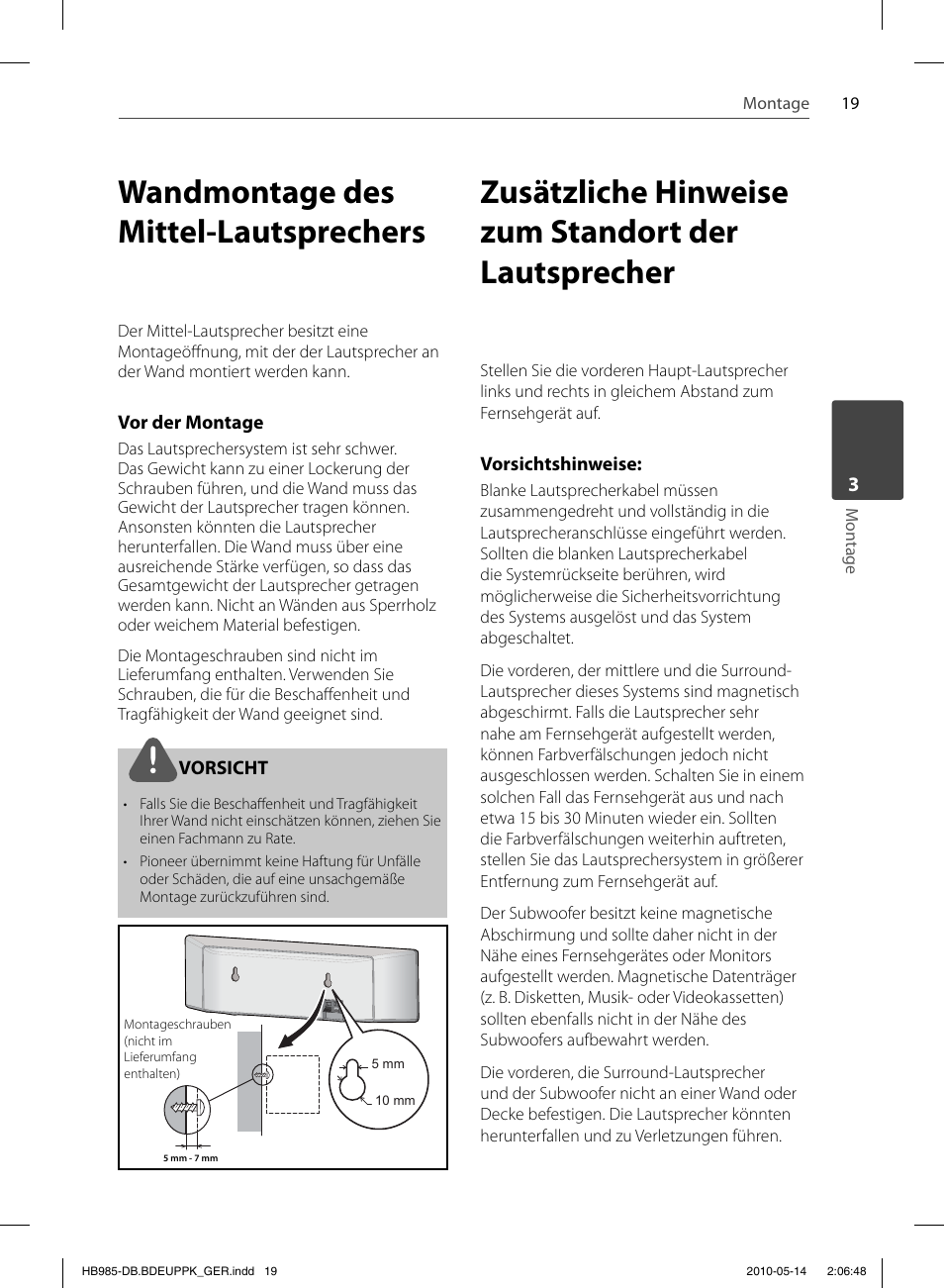 Wandmontage des mittel-lautsprechers, Zusätzliche hinweise zum standort der lautsprecher | Pioneer BCS-303 User Manual | Page 167 / 448