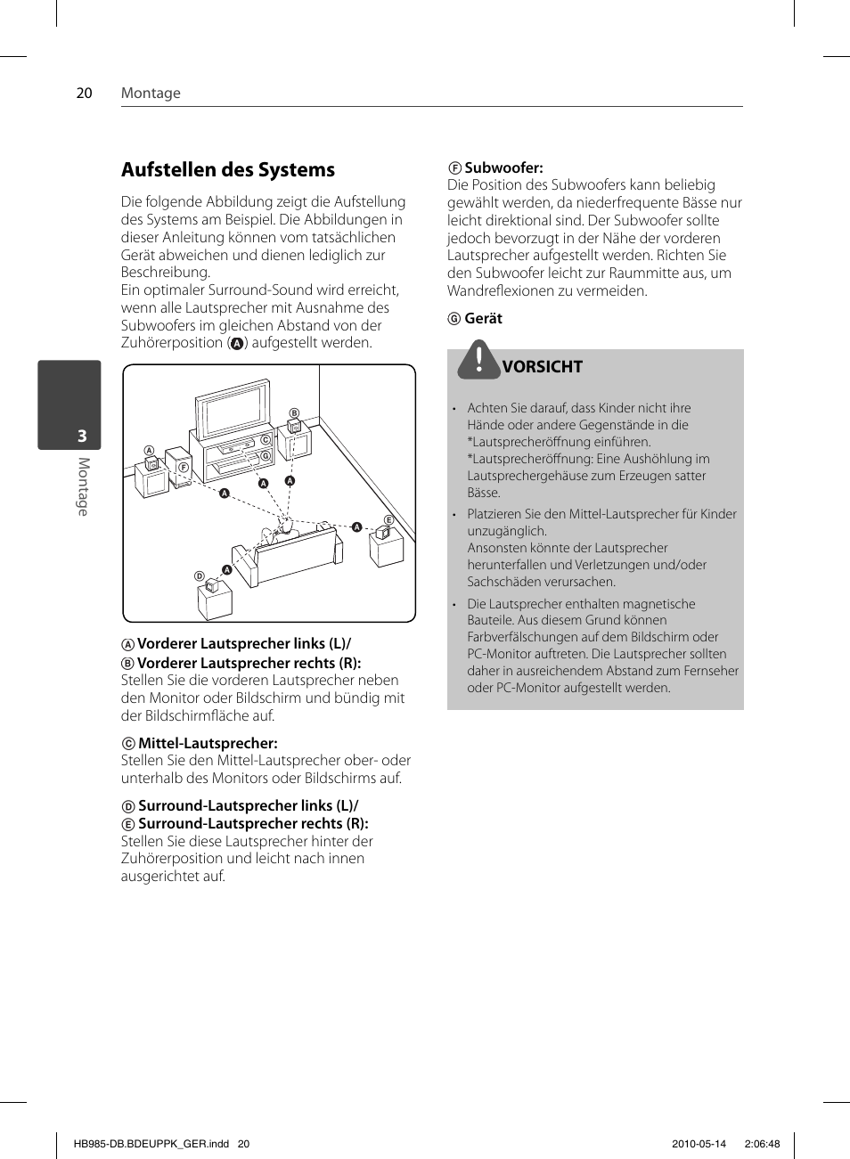 Aufstellen des systems, Vorsicht | Pioneer BCS-303 User Manual | Page 168 / 448