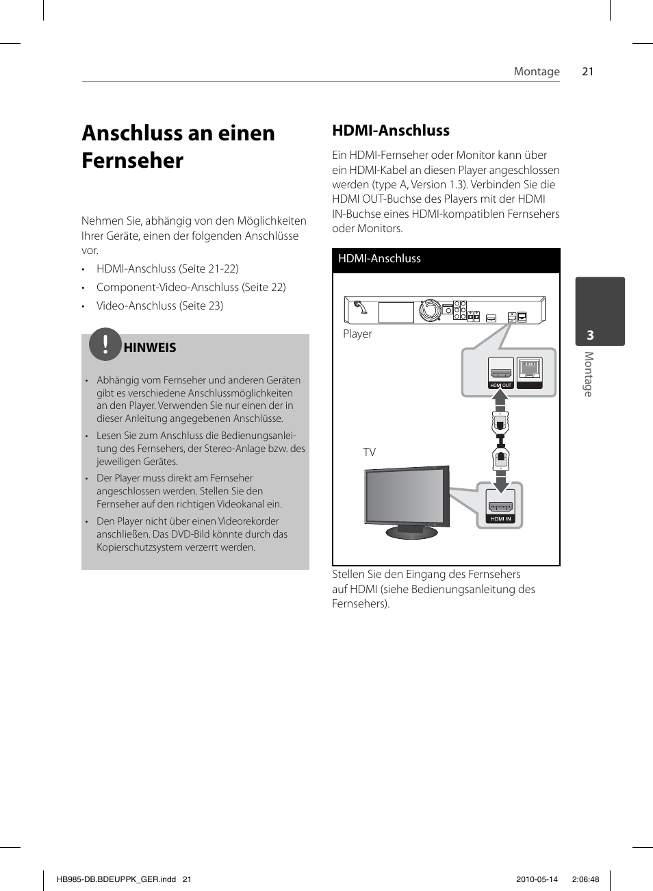 Anschluss an einen fernseher, Hdmi-anschluss | Pioneer BCS-303 User Manual | Page 169 / 448