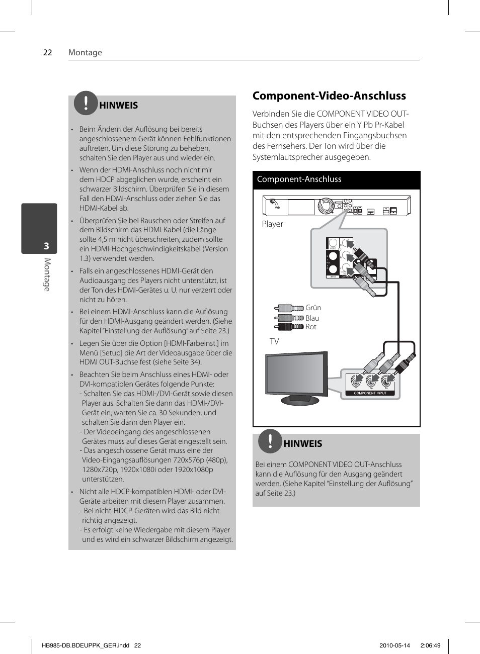 Component-video-anschluss, Hinweis, 22 montage m o ntage | Player | Pioneer BCS-303 User Manual | Page 170 / 448