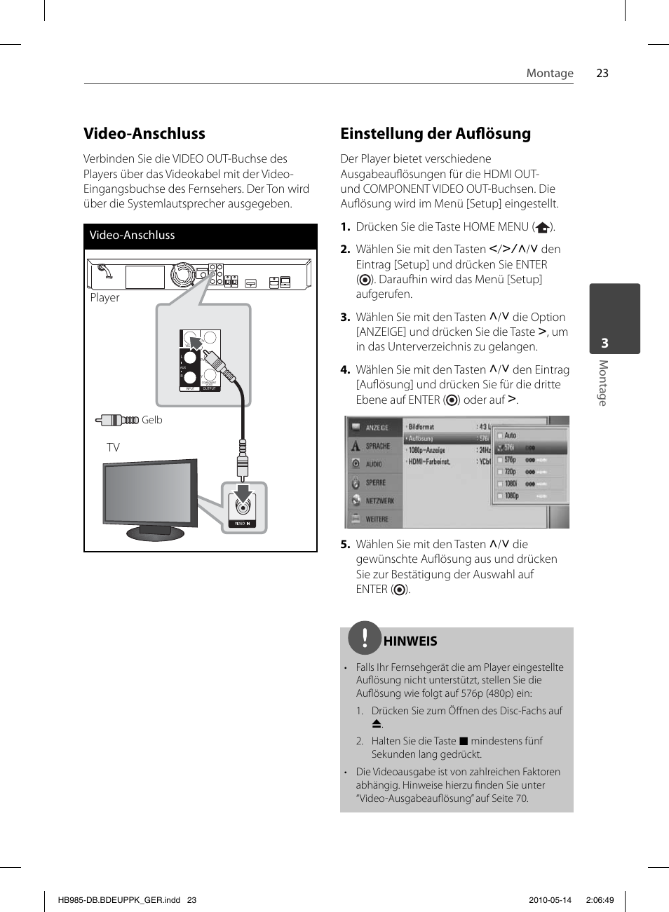 Video-anschluss, Einstellung der aufl ösung, Hinweis | Pioneer BCS-303 User Manual | Page 171 / 448
