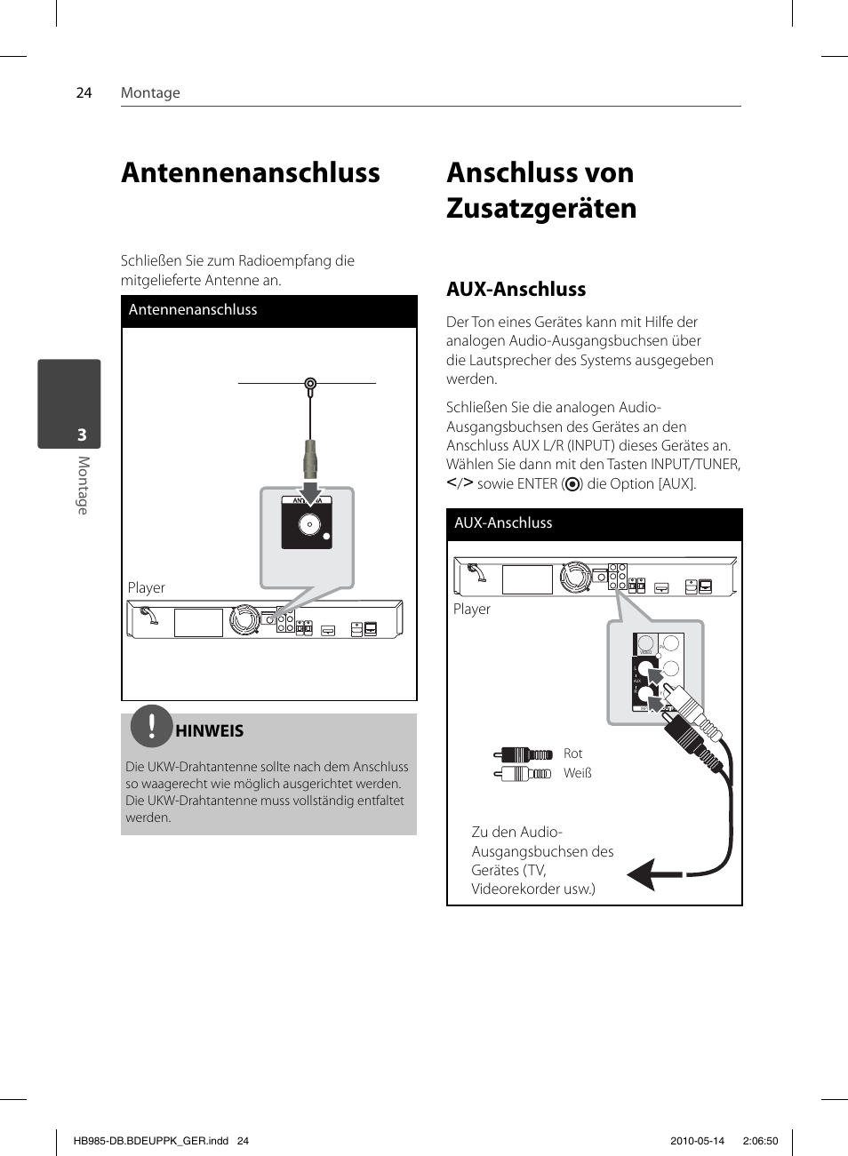 Antennenanschluss, Anschluss von zusatzgeräten, Aux-anschluss | Hinweis | Pioneer BCS-303 User Manual | Page 172 / 448