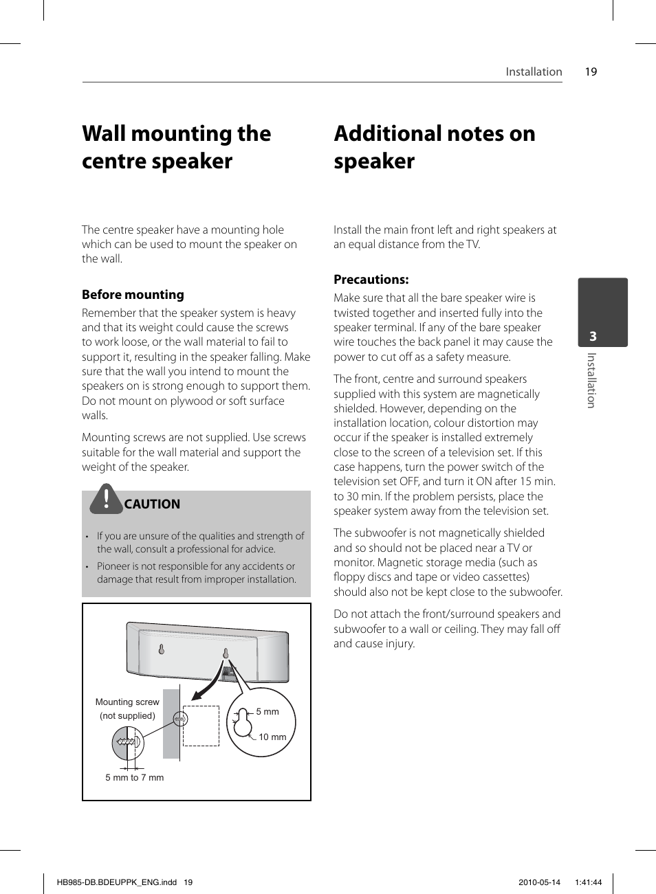 Wall mounting the centre speaker | Pioneer BCS-303 User Manual | Page 19 / 448