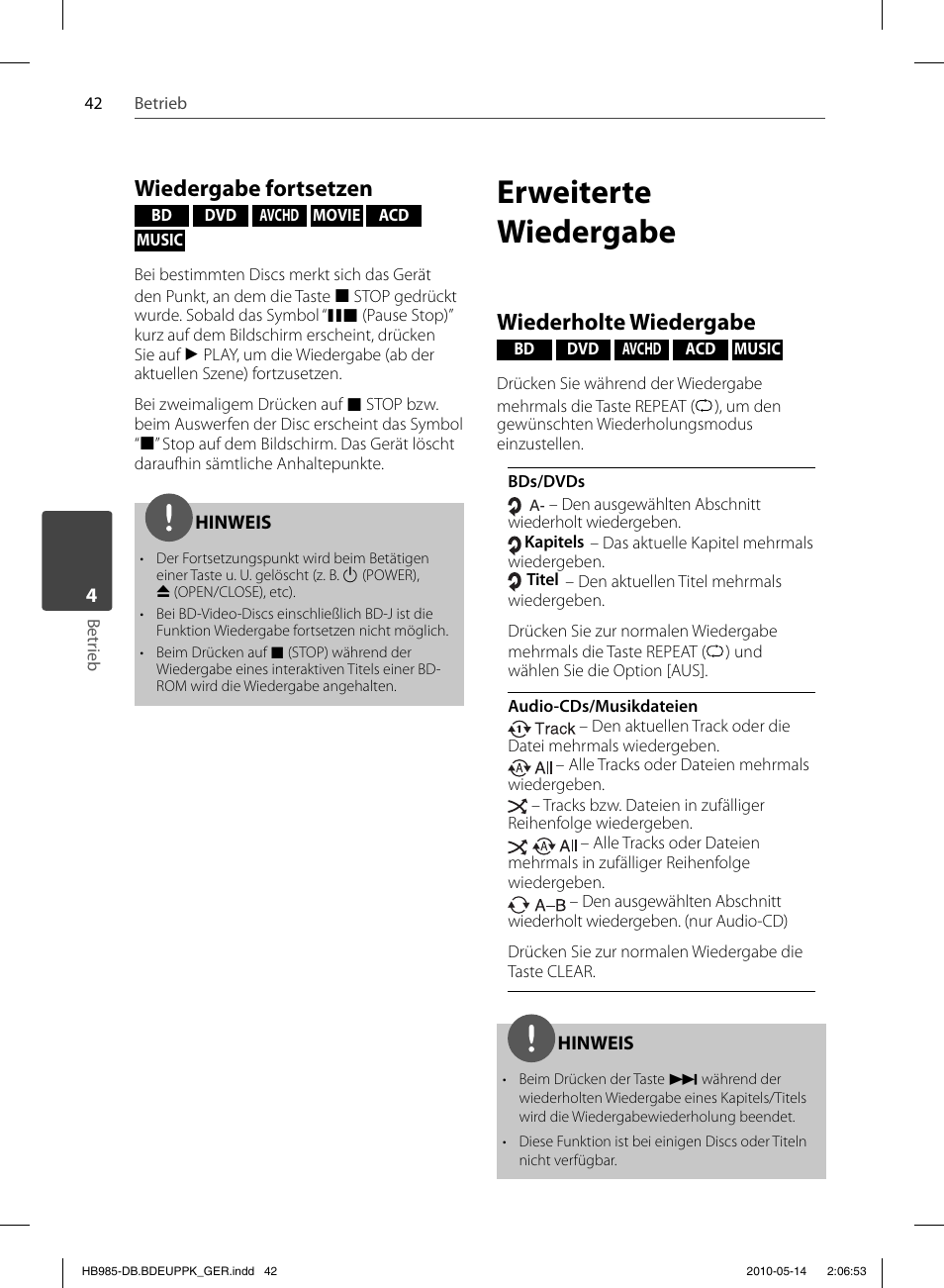 Erweiterte wiedergabe, Wiedergabe fortsetzen, Wiederholte wiedergabe | Pioneer BCS-303 User Manual | Page 190 / 448
