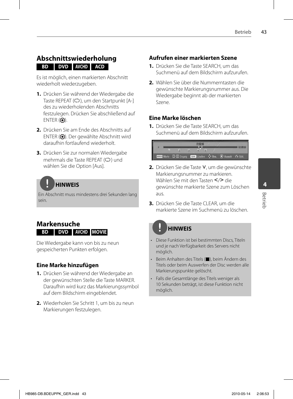 Abschnittswiederholung, Markensuche | Pioneer BCS-303 User Manual | Page 191 / 448