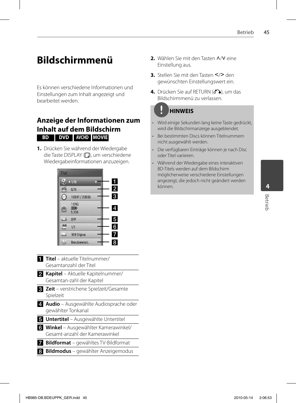 Bildschirmmenü | Pioneer BCS-303 User Manual | Page 193 / 448