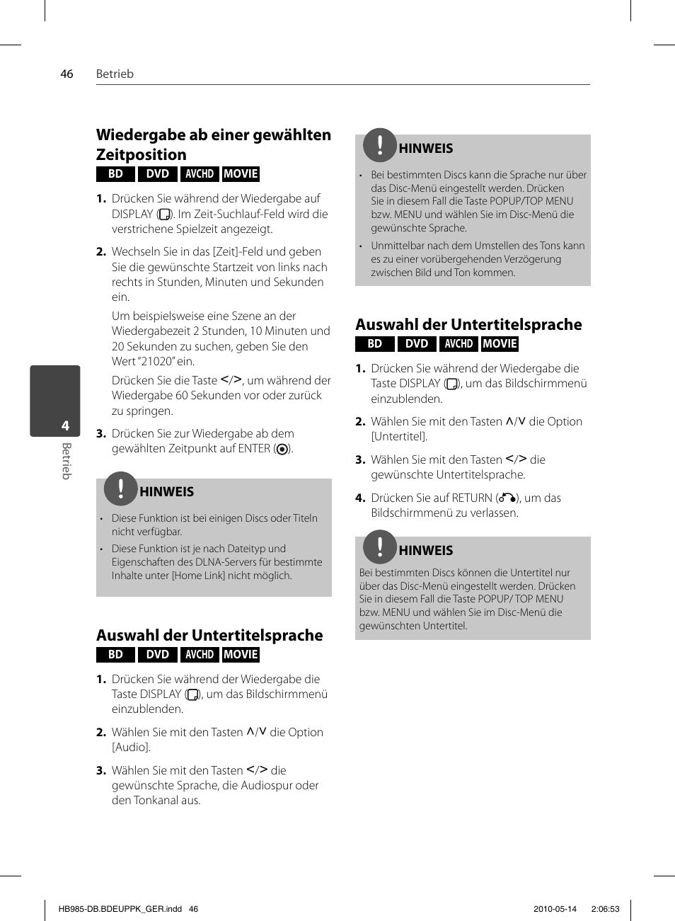 Wiedergabe ab einer gewählten zeitposition, Auswahl der untertitelsprache | Pioneer BCS-303 User Manual | Page 194 / 448