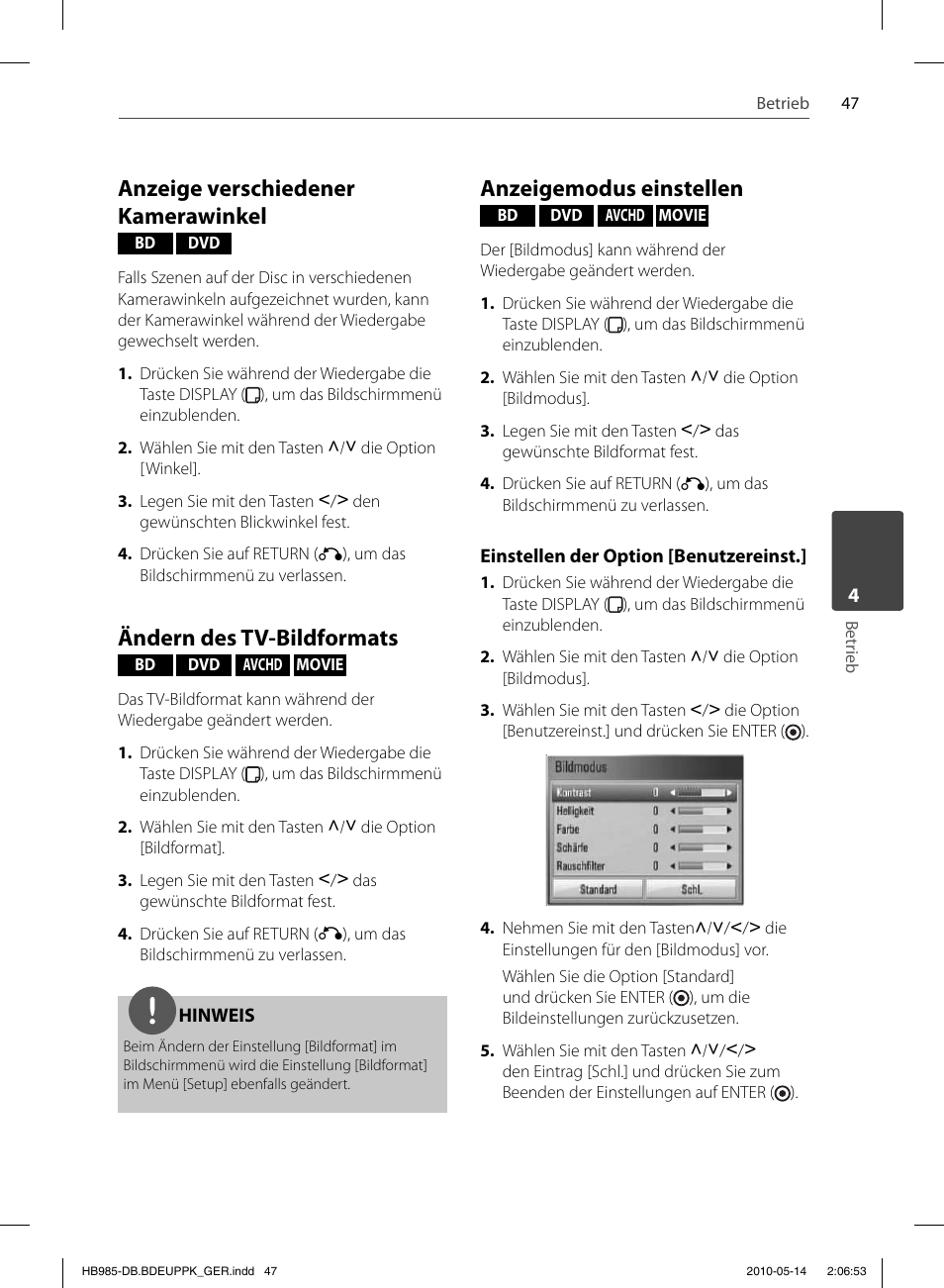 Anzeige verschiedener kamerawinkel, Ändern des tv-bildformats, Anzeigemodus einstellen | Pioneer BCS-303 User Manual | Page 195 / 448