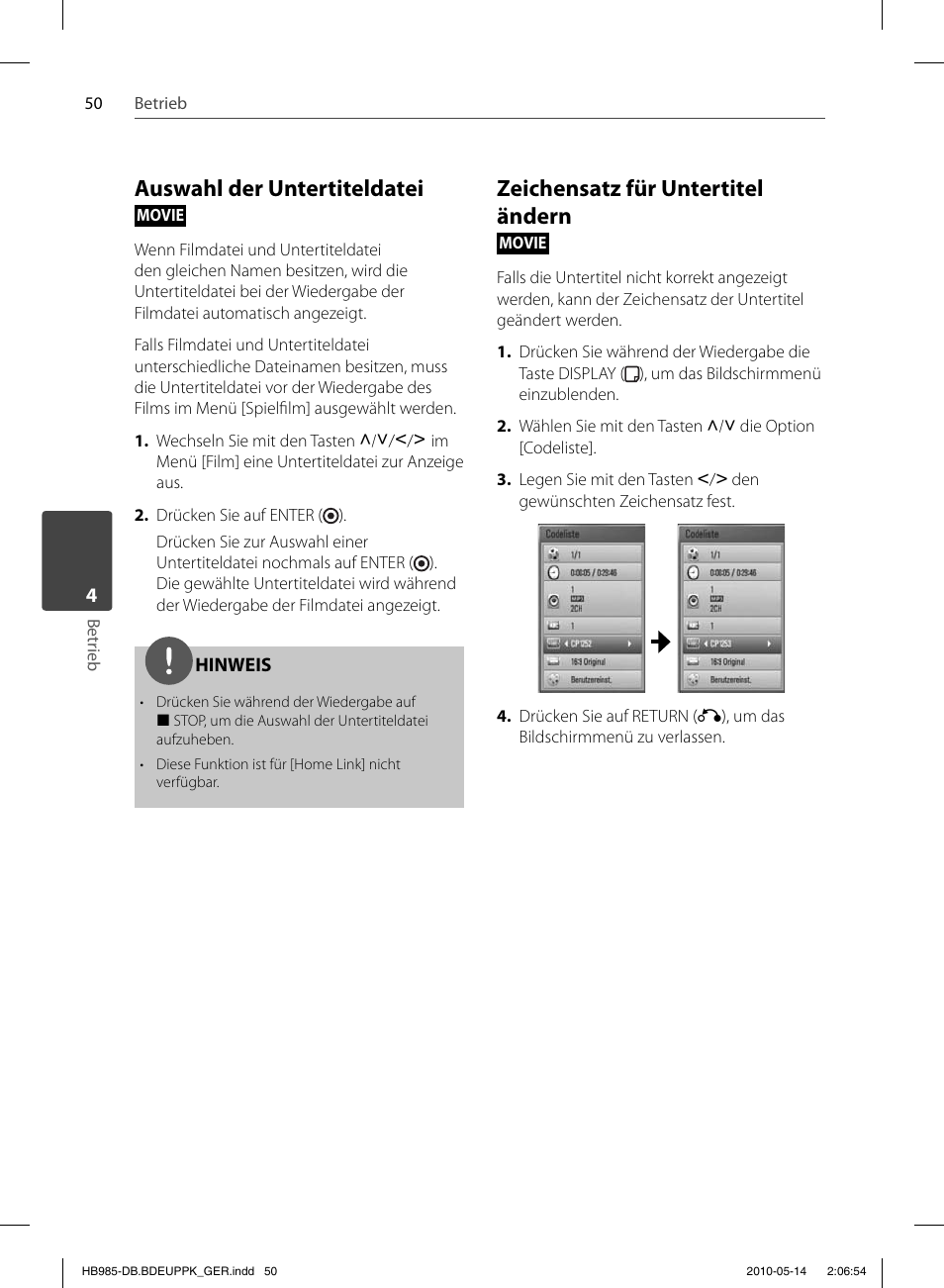 Auswahl der untertiteldatei, Zeichensatz für untertitel ändern | Pioneer BCS-303 User Manual | Page 198 / 448