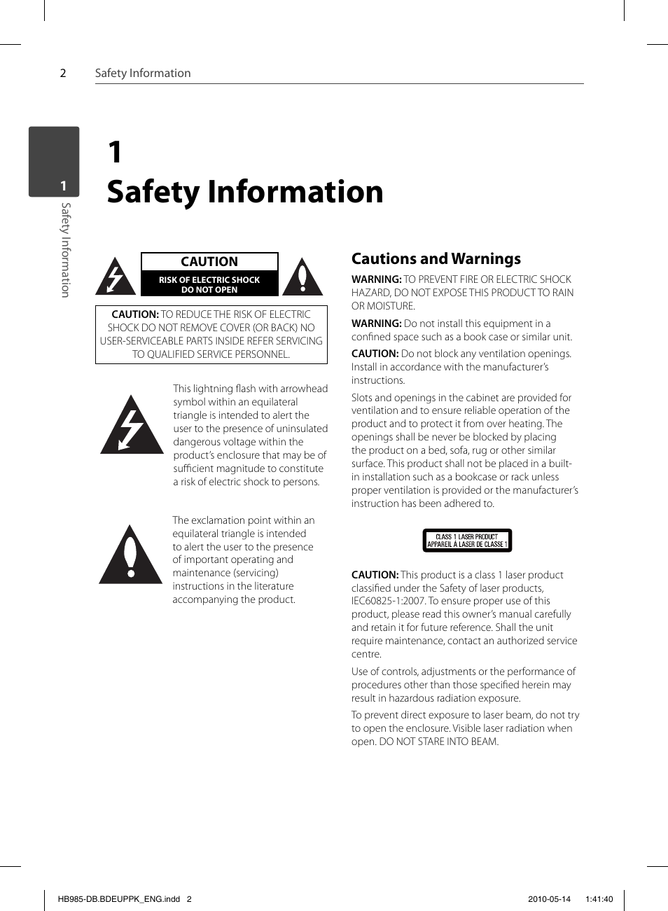 1 safety information, Cautions and warnings | Pioneer BCS-303 User Manual | Page 2 / 448