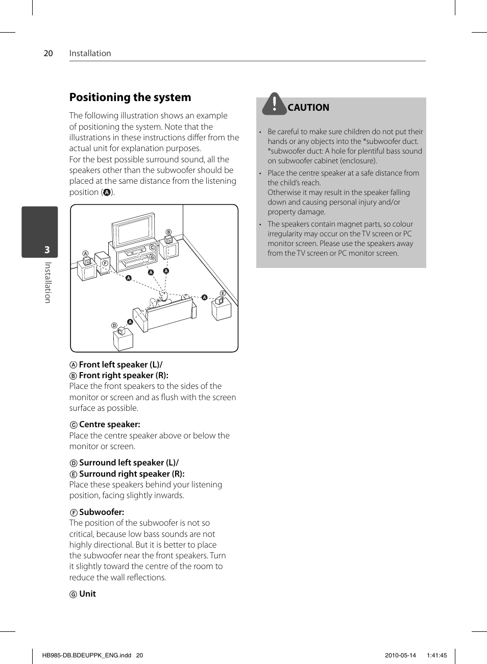 Positioning the system, Caution | Pioneer BCS-303 User Manual | Page 20 / 448