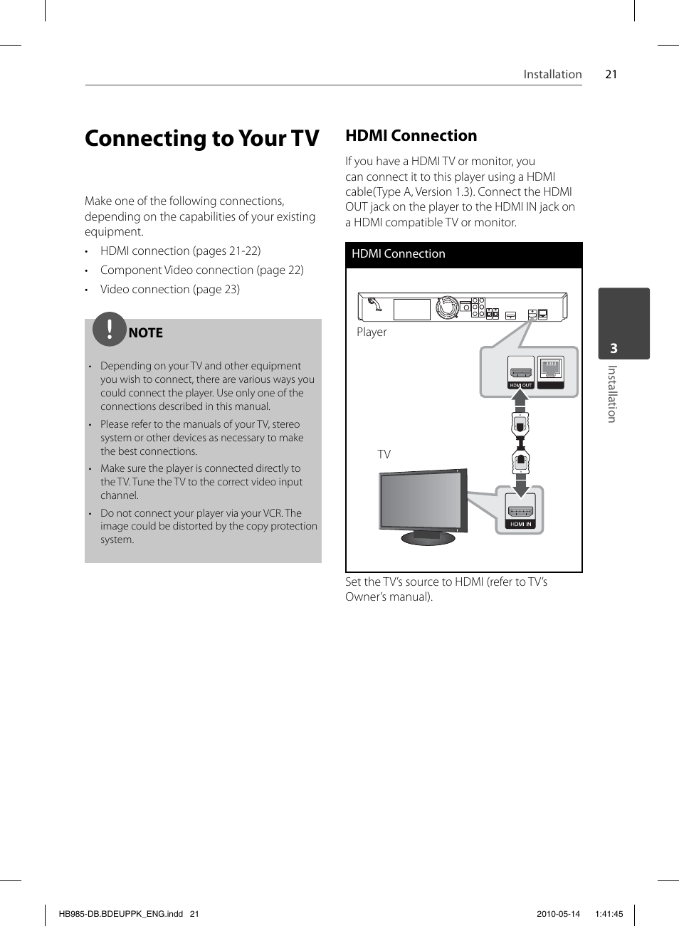 Connecting to your tv, Hdmi connection | Pioneer BCS-303 User Manual | Page 21 / 448