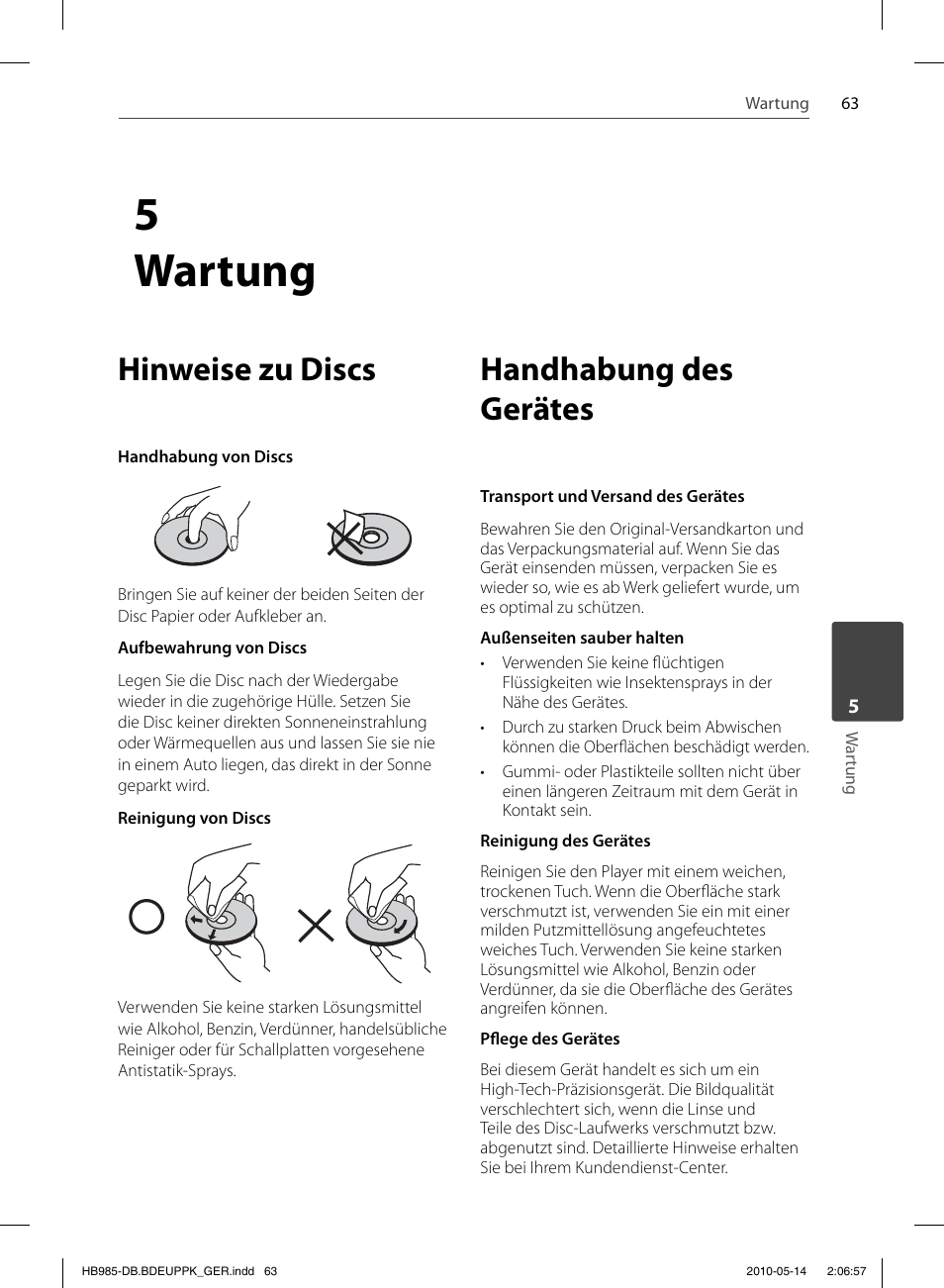 5 wartung, Hinweise zu discs, Handhabung des gerätes | Pioneer BCS-303 User Manual | Page 211 / 448