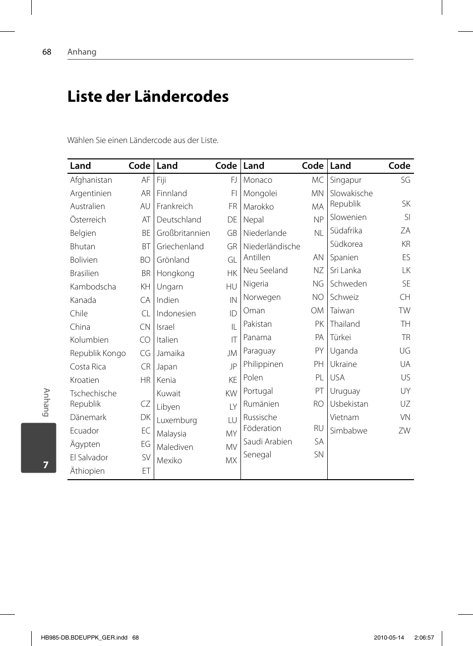 Liste der ländercodes | Pioneer BCS-303 User Manual | Page 216 / 448