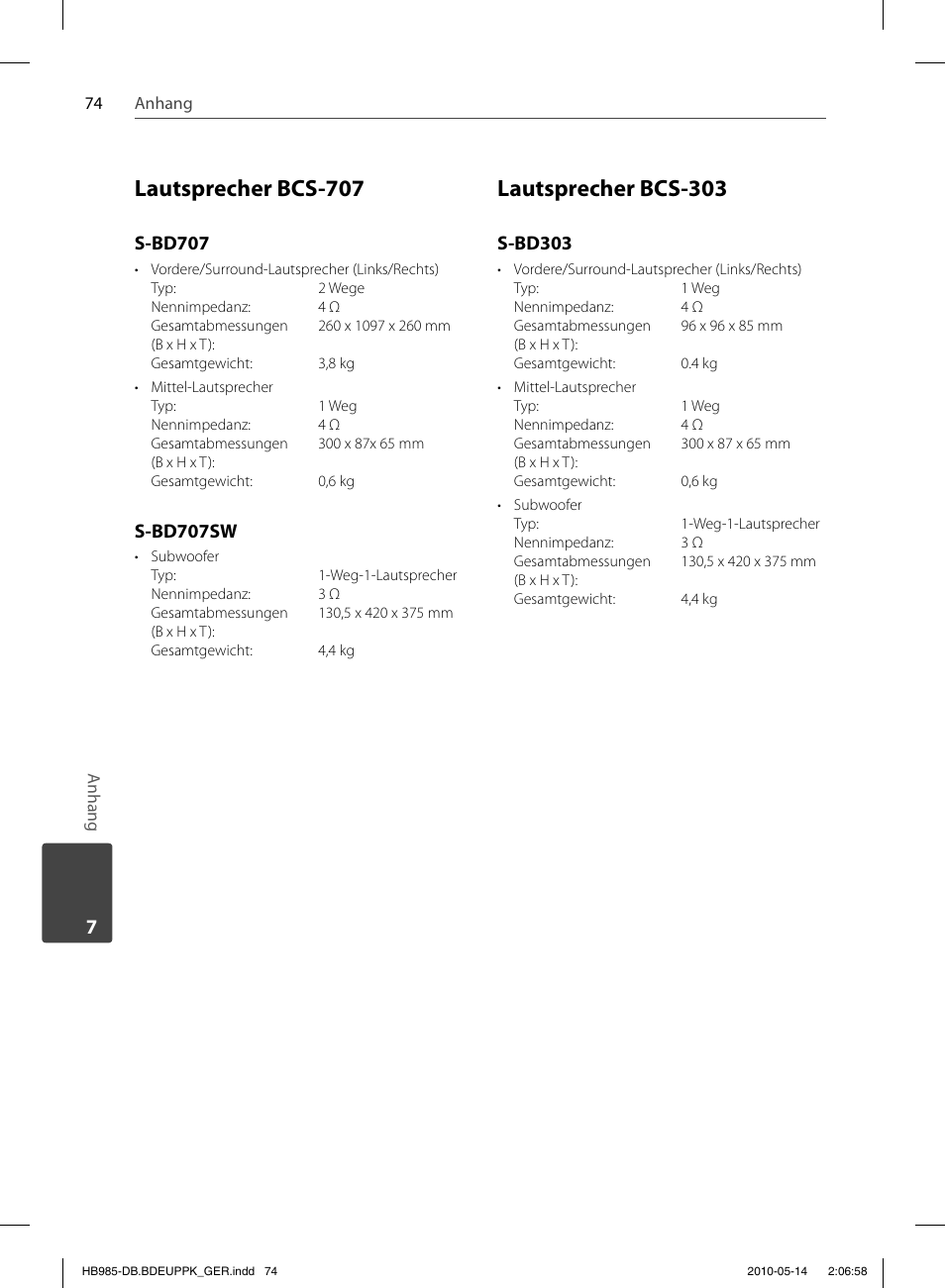 Lautsprecher bcs-707, Lautsprecher bcs-303, S-bd707 | S-bd707sw, S-bd303 | Pioneer BCS-303 User Manual | Page 222 / 448