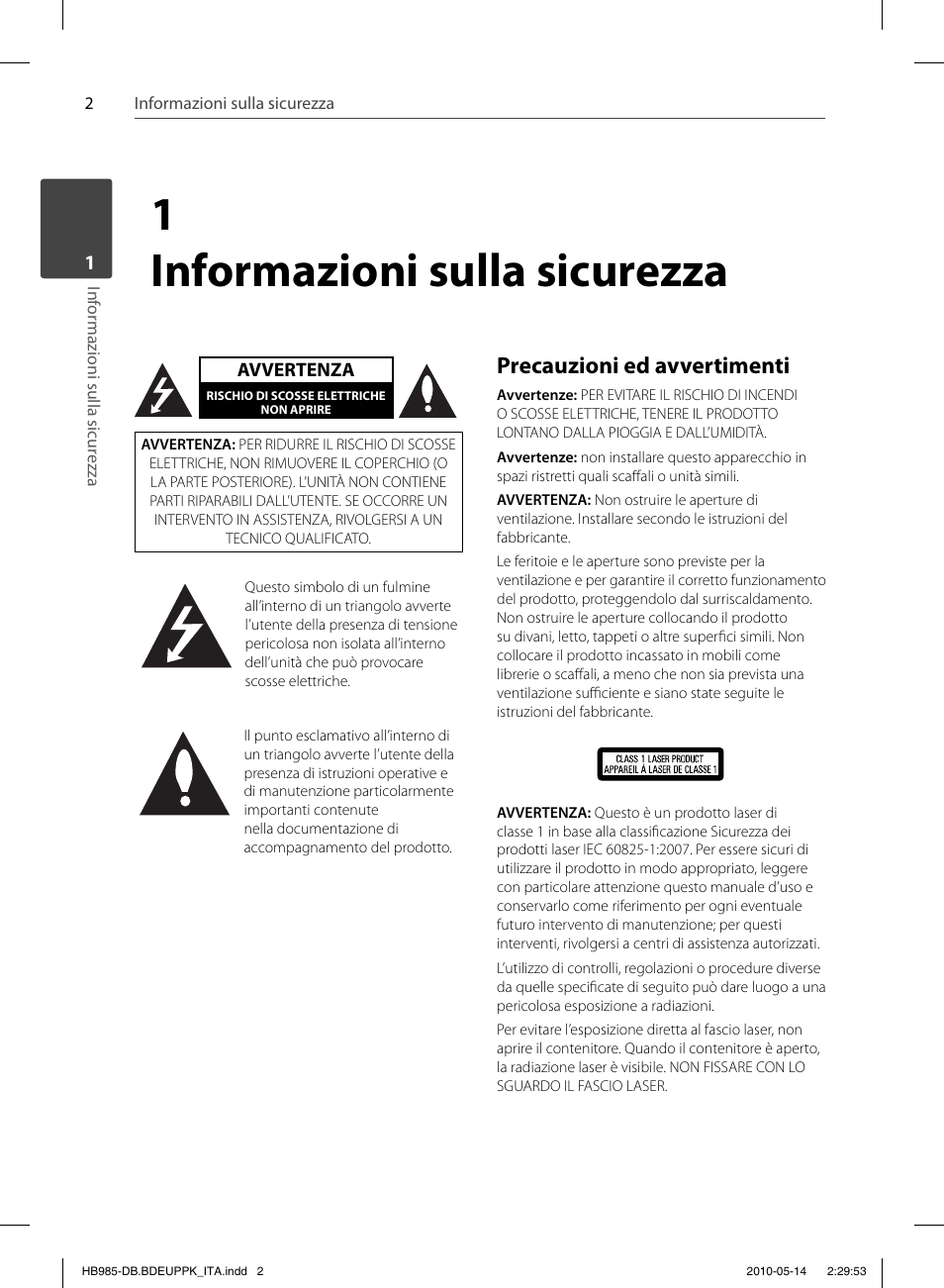 1 informazioni sulla sicurezza, Precauzioni ed avvertimenti | Pioneer BCS-303 User Manual | Page 224 / 448