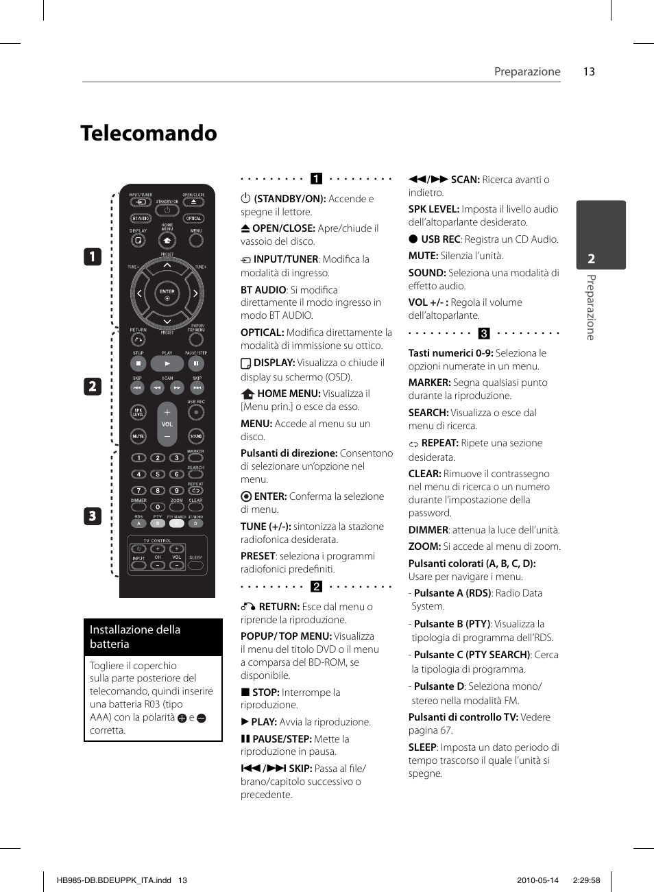 Telecomando | Pioneer BCS-303 User Manual | Page 235 / 448