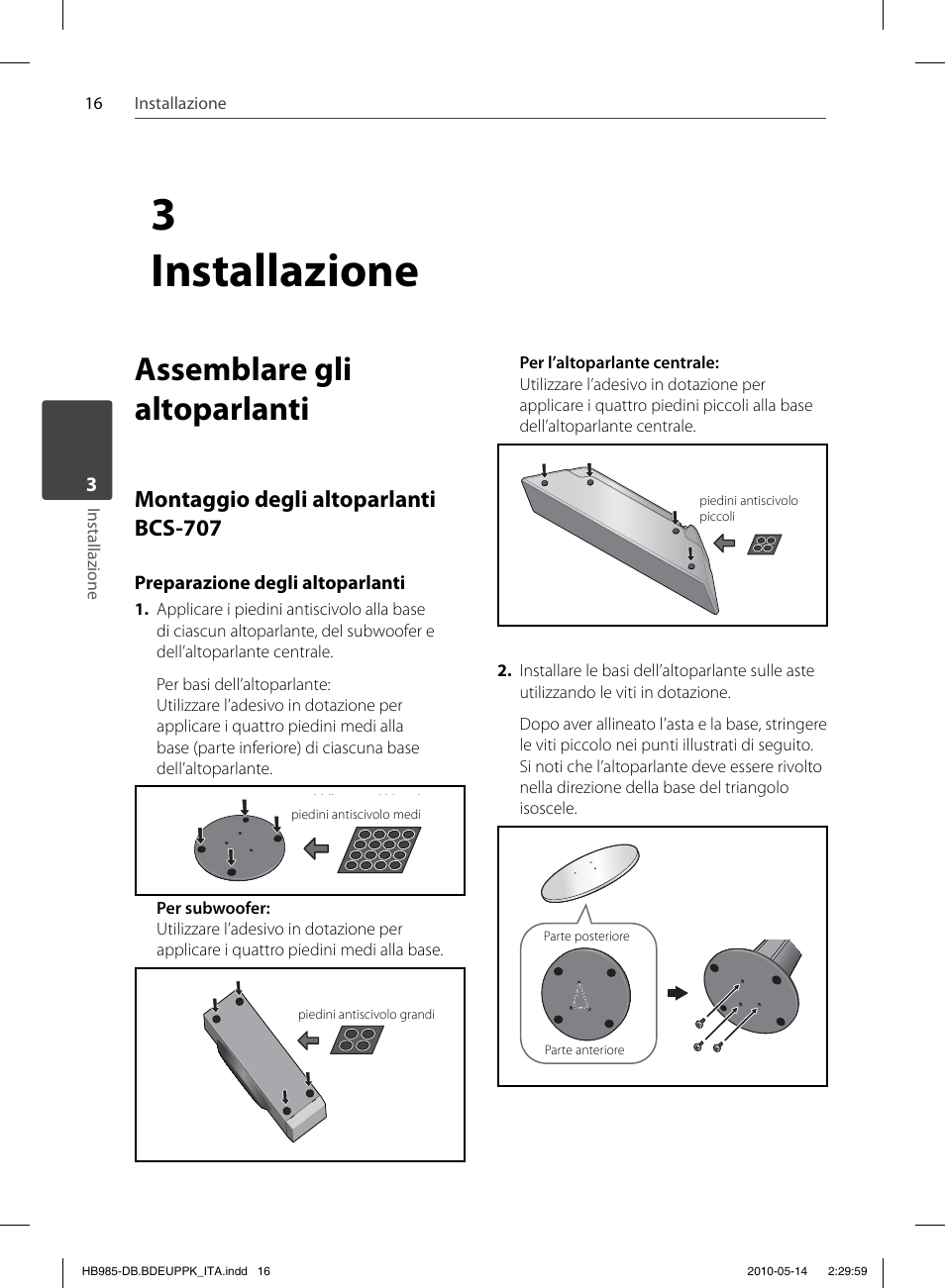 3 installazione, Assemblare gli altoparlanti, Montaggio degli altoparlanti bcs-707 | Pioneer BCS-303 User Manual | Page 238 / 448