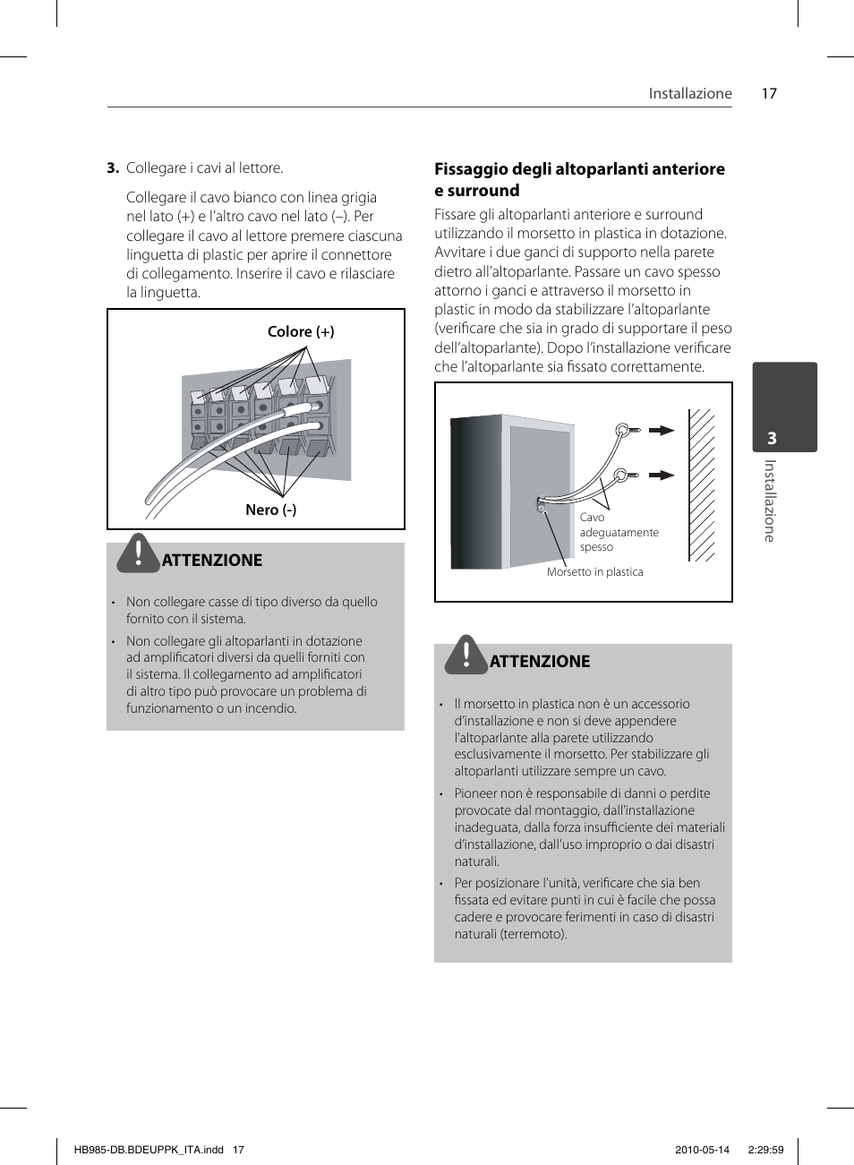Attenzione, Fissaggio degli altoparlanti anteriore e surround | Pioneer BCS-303 User Manual | Page 239 / 448