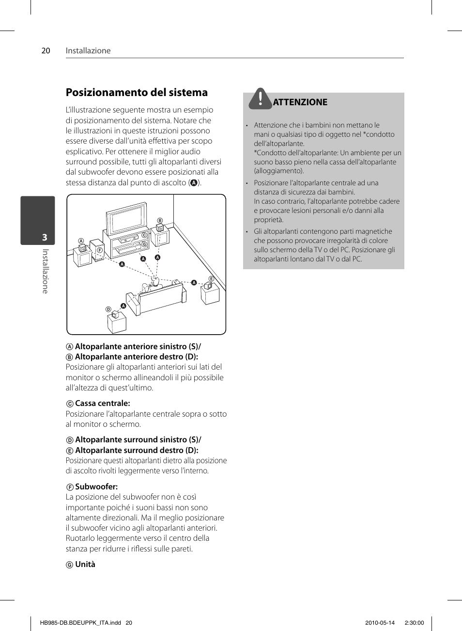 Posizionamento del sistema, Attenzione | Pioneer BCS-303 User Manual | Page 242 / 448