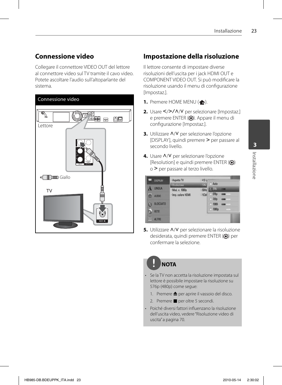 Connessione video, Impostazione della risoluzione, Nota | Pioneer BCS-303 User Manual | Page 245 / 448