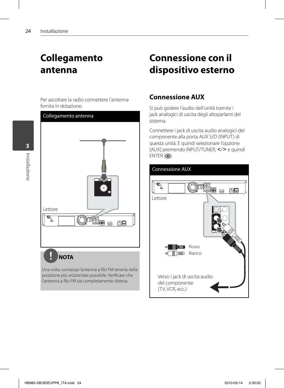 Collegamento antenna, Connessione con il dispositivo esterno, Connessione aux | Nota | Pioneer BCS-303 User Manual | Page 246 / 448