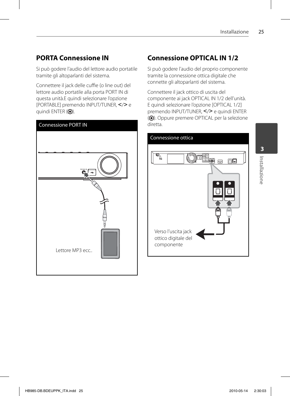 Porta connessione in, Connessione optical in 1/2 | Pioneer BCS-303 User Manual | Page 247 / 448