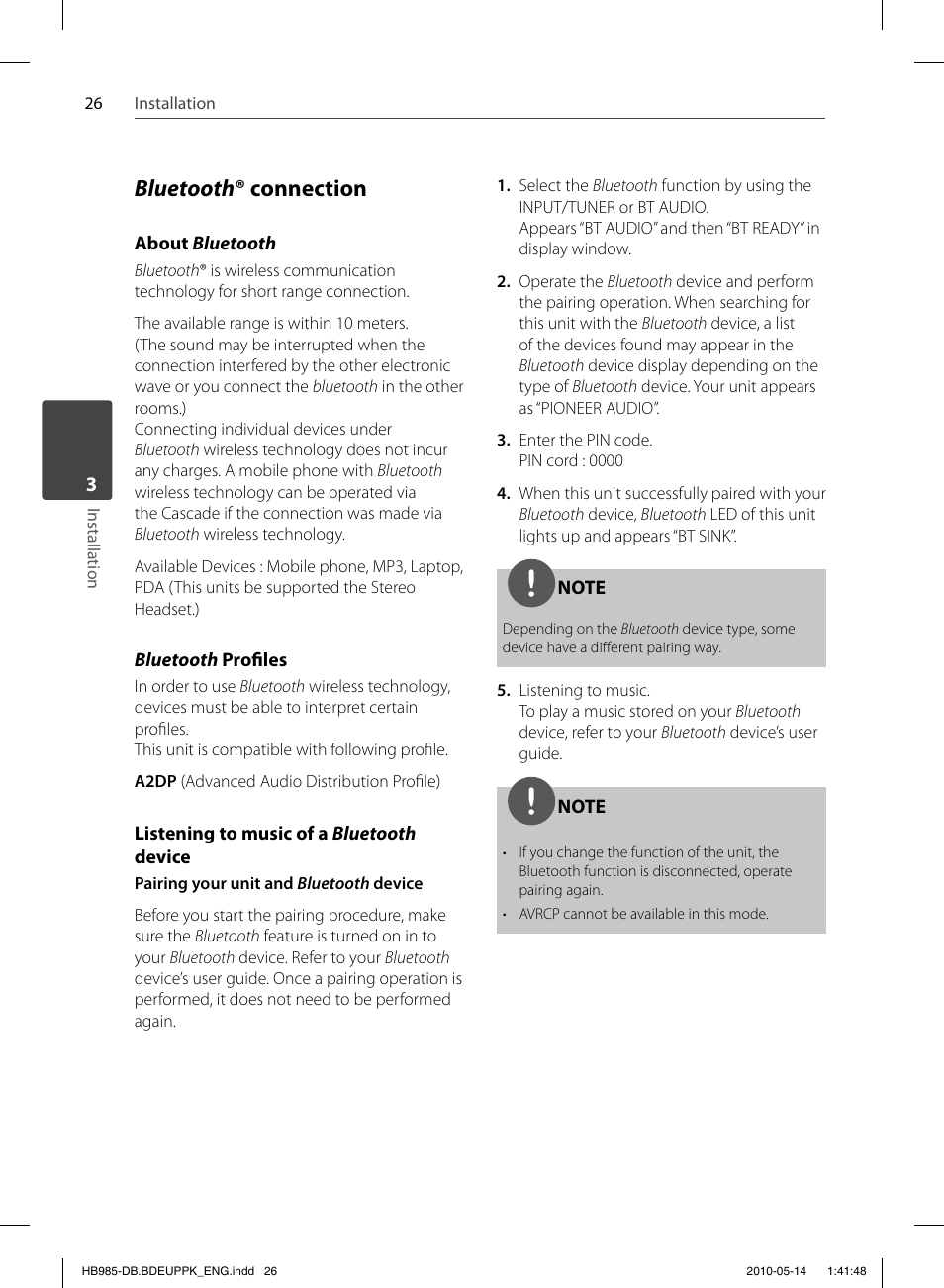 Bluetooth ® connection | Pioneer BCS-303 User Manual | Page 26 / 448